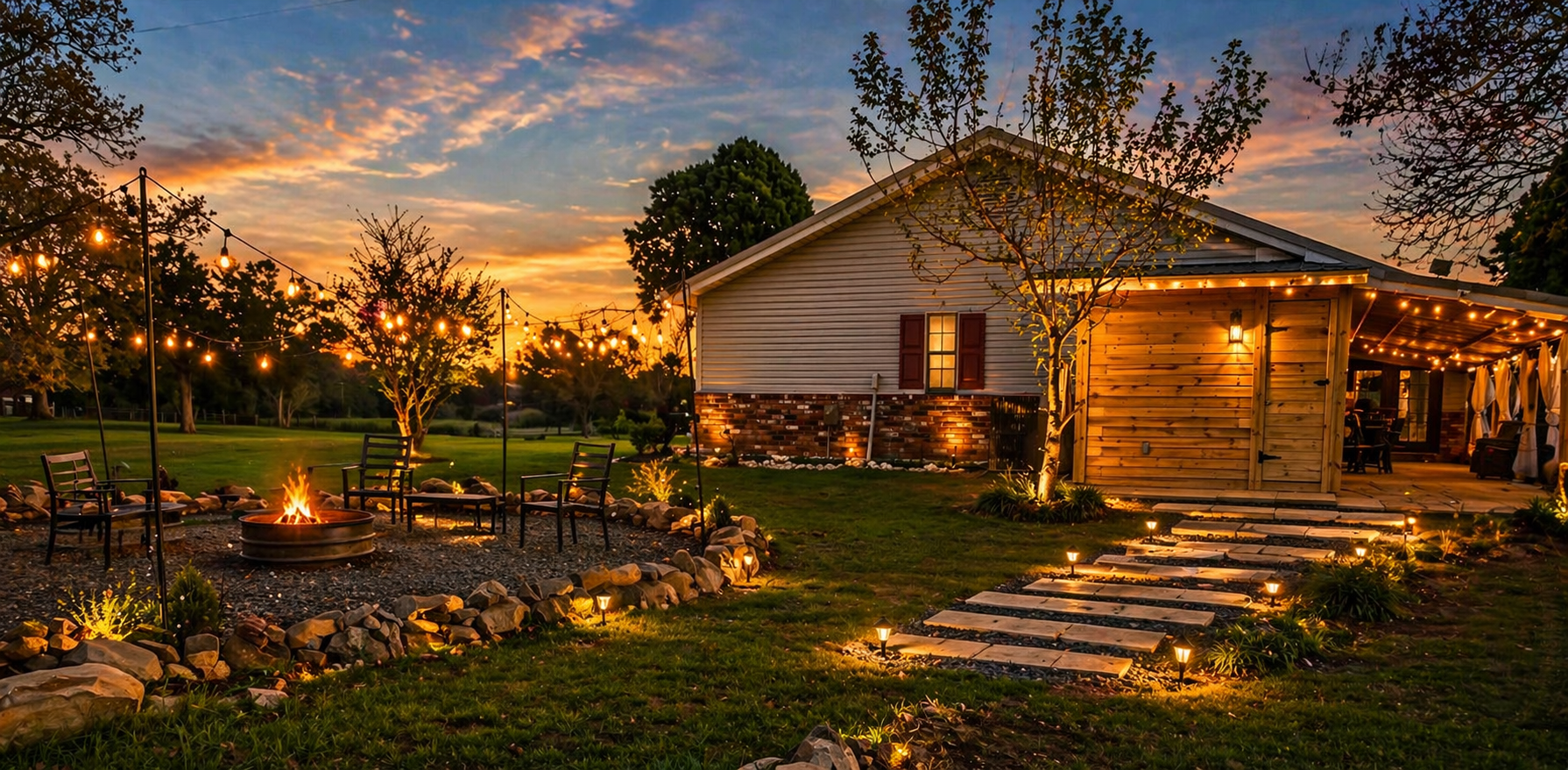 A backyard at sunset with a house, string lights, a fire pit, outdoor chairs, a stone pathway, and trees.