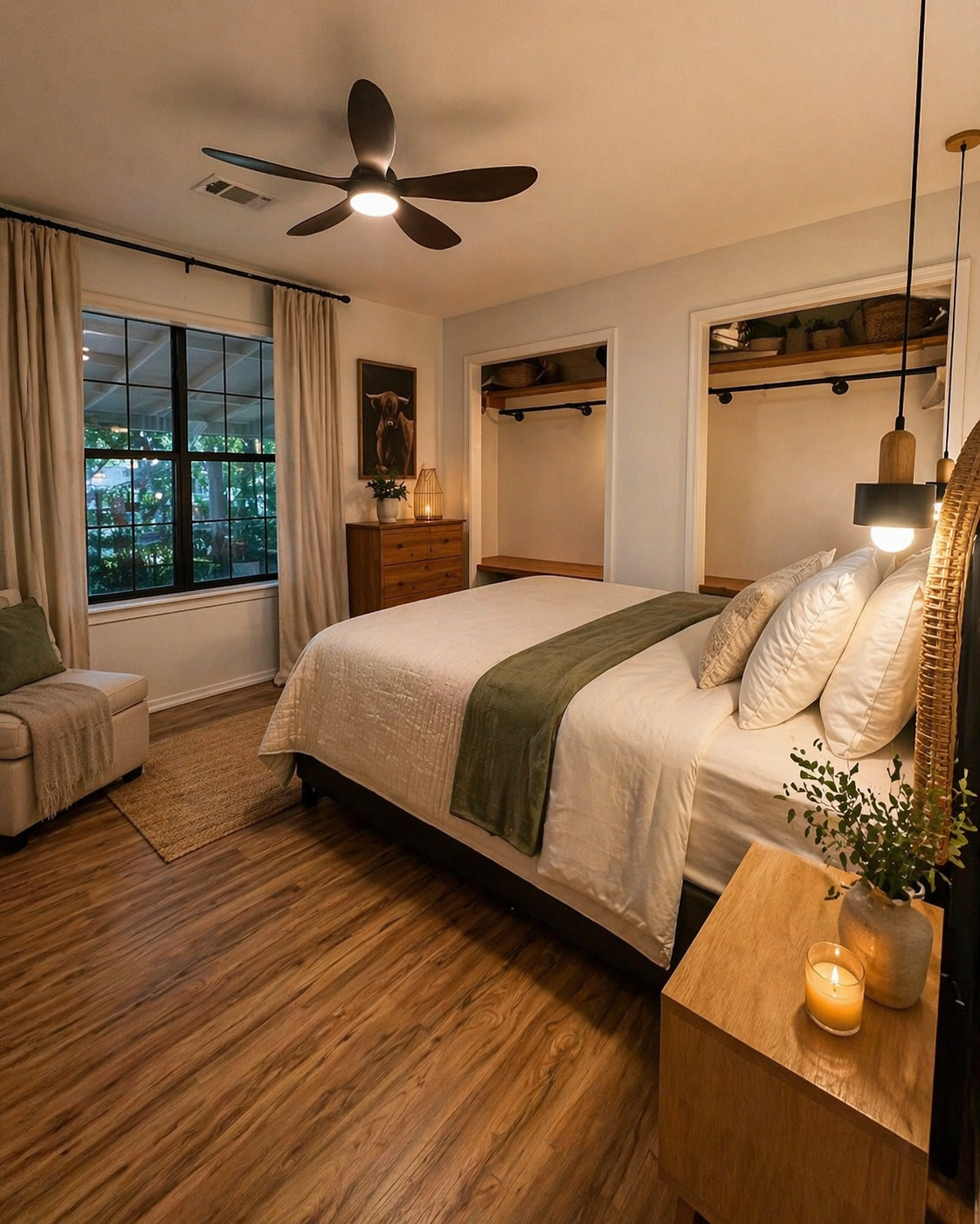A cozy bedroom with a large bed, white bedding, and green accents, candle on a wooden nightstand, window with cream curtains, ceiling fan, and two open closets with shelves and clothing rods.