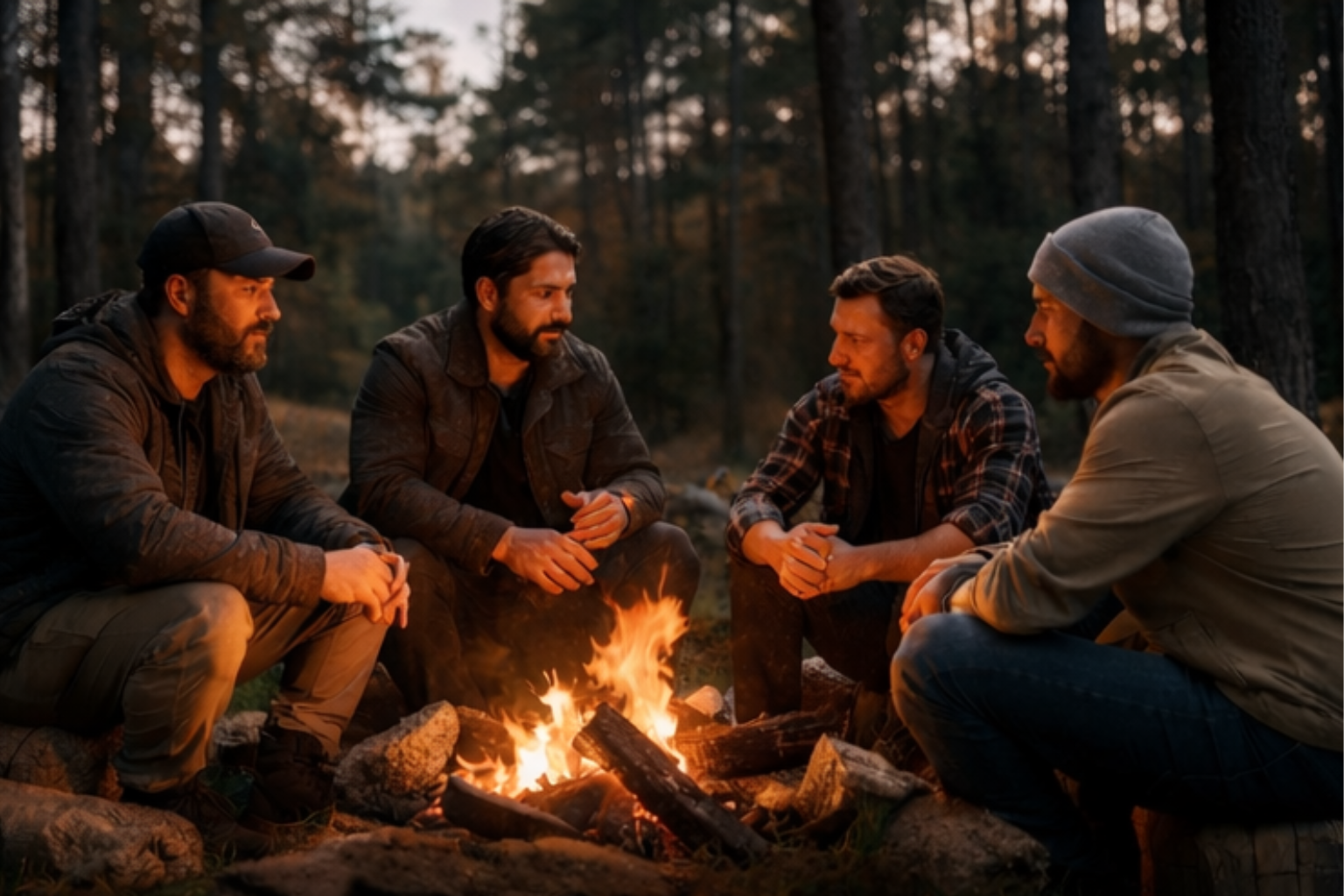Grupo de hombres participando en retiro en la naturaleza en Oklahoma cerca de Broken Bow.