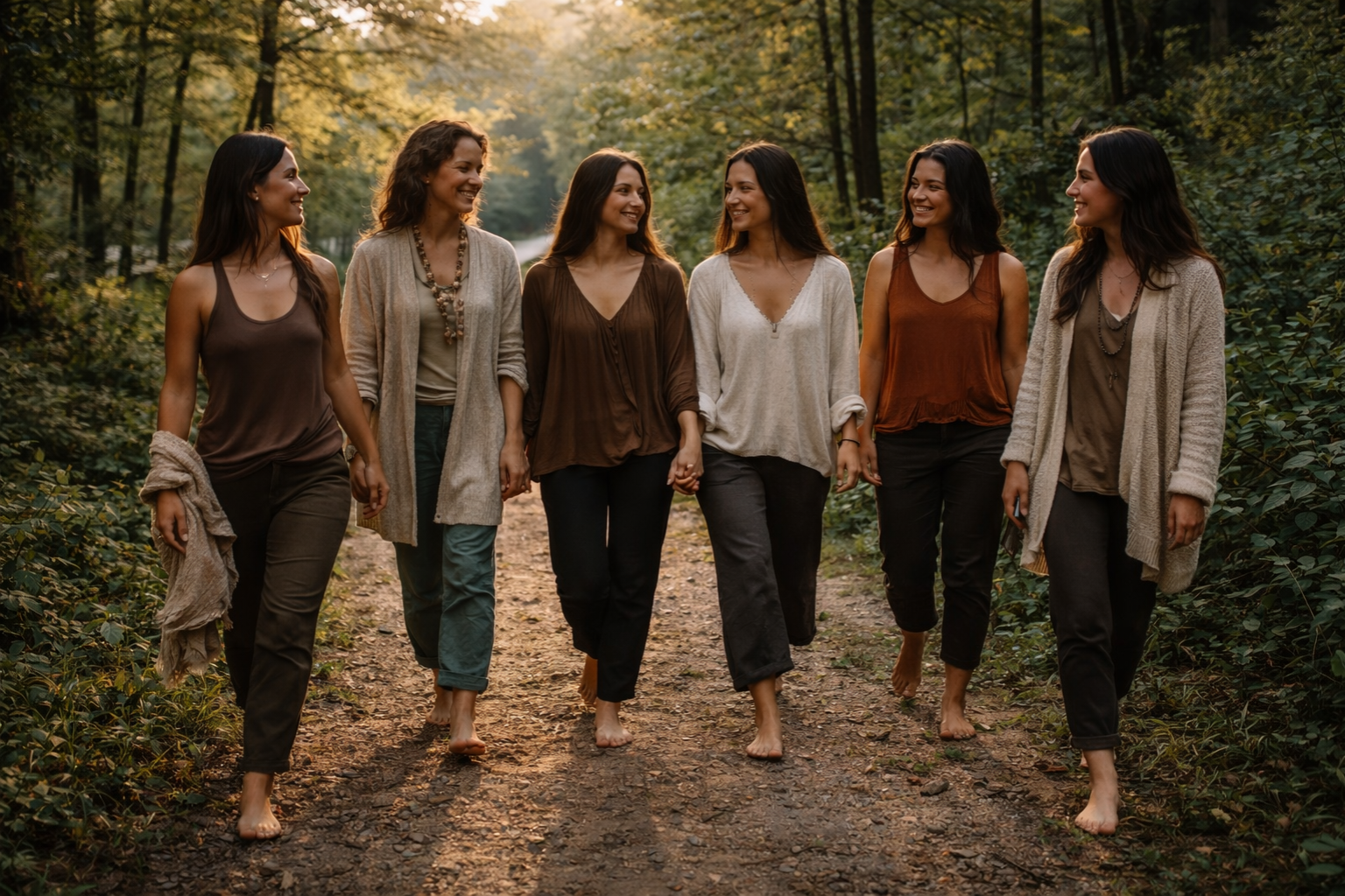 Seis mujeres caminando en sendero natural durante retiro para mujeres en Oklahoma cerca de Broken Bow.