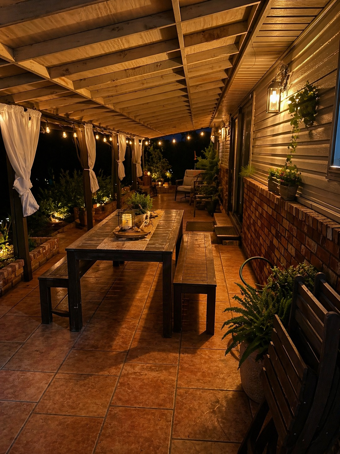 A cozy outdoor patio at night with string lights, potted plants, a wooden table, benches, and chairs, overlooking a dark landscape.
