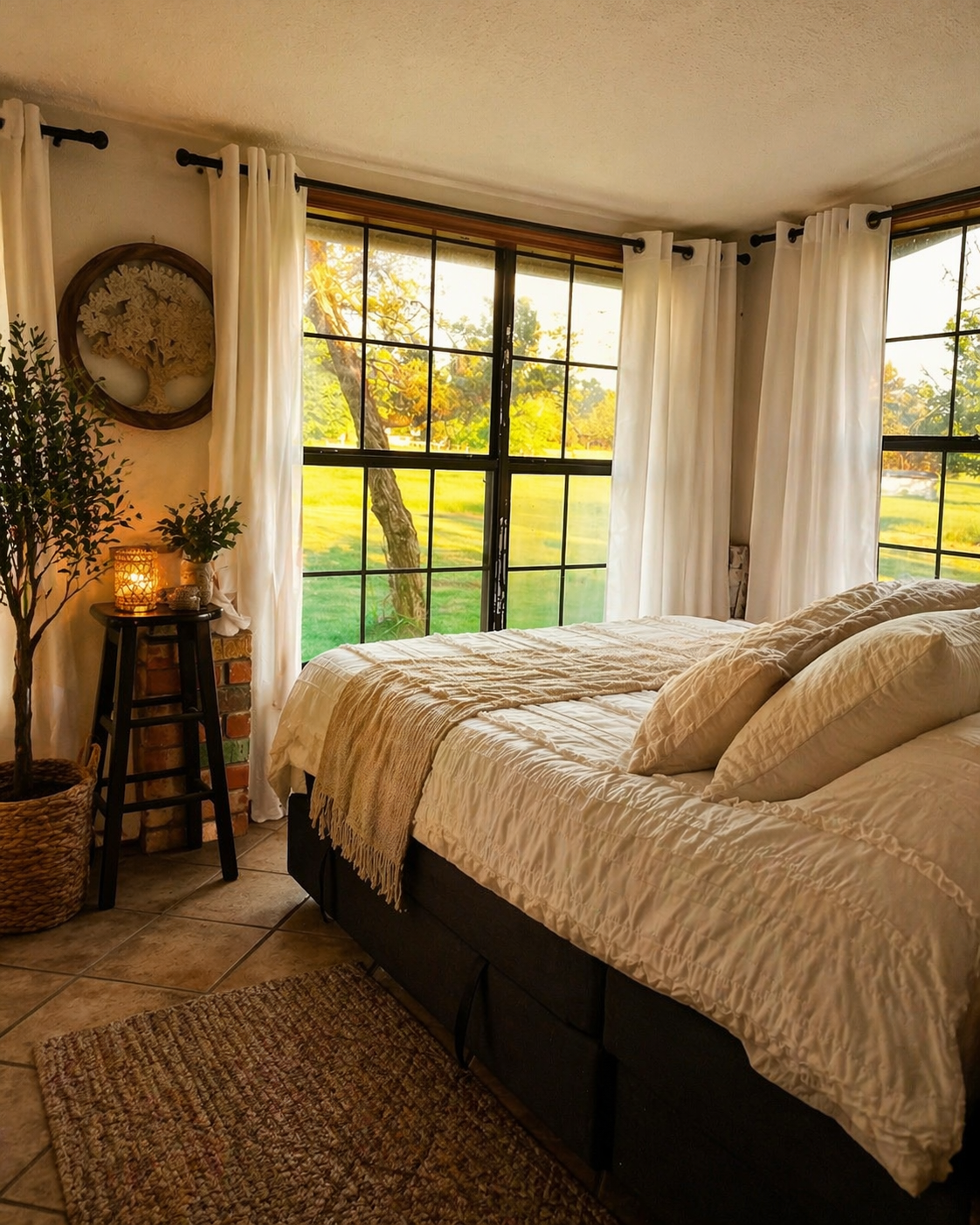 A cozy bedroom with large windows showing a green outdoor landscape, a bed with cream-colored bedding and pillows, a small table with a lit lamp, potted plant, and decorative wall art.