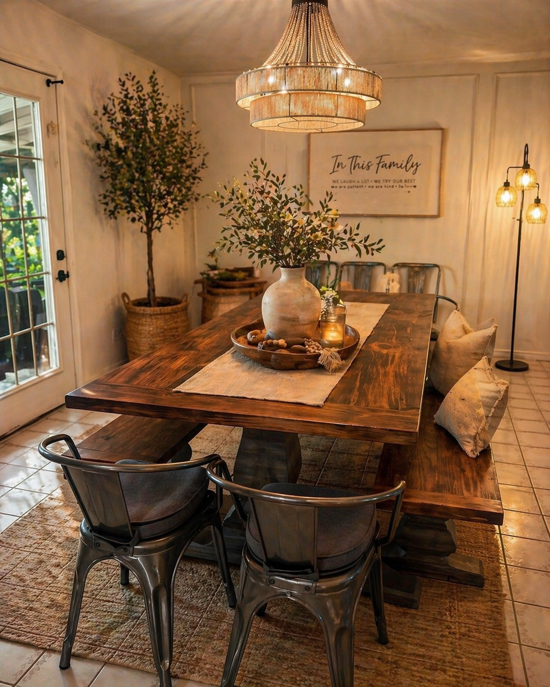 A cozy dining room with a large rustic wooden table, metal chairs, and a bench with pillows. A centerpiece with a vase and greenery on a table runner. Warm lighting from a chandelier and floor lamps, decorative plants, and a wall sign reading 'In Thi