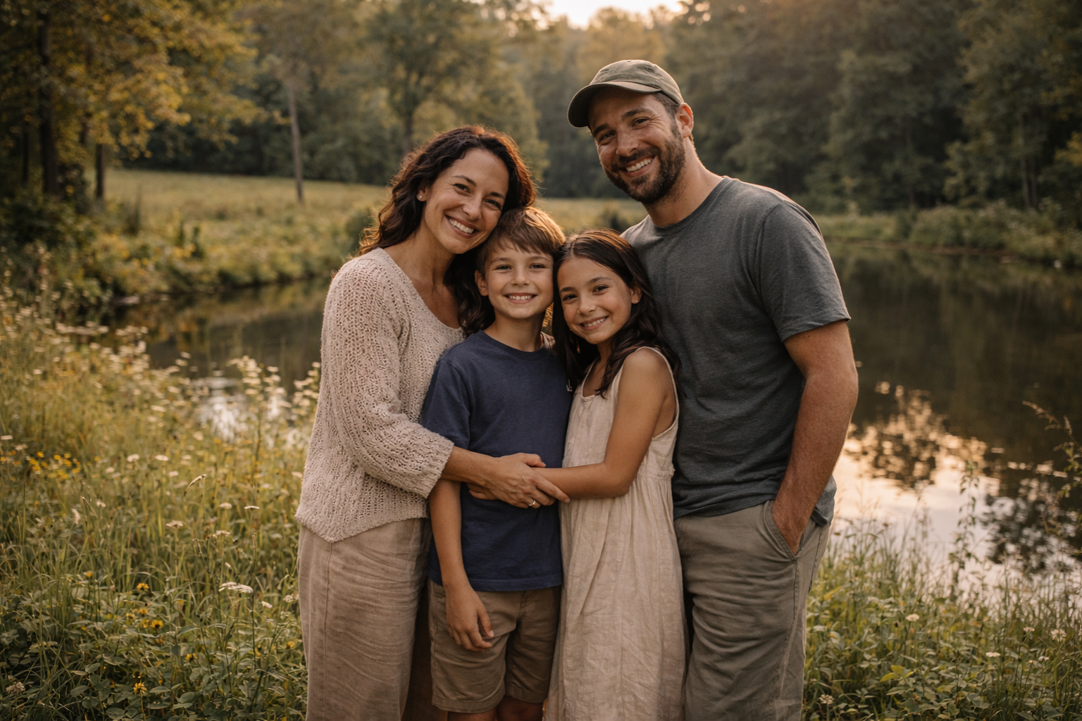 Familia sonriendo junto a un pequeño lago durante retiro familiar en Oklahoma.