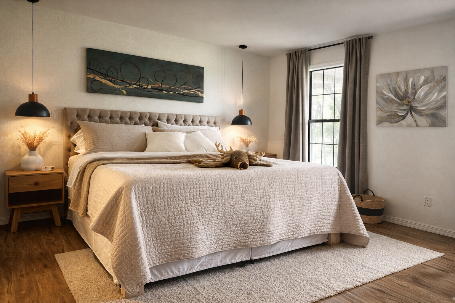 Cozy bedroom with a large beige bed, tufted headboard, plush pillows, and a stuffed reindeer on top. Two bedside tables with lamps, artwork on the walls, and a window with curtains.