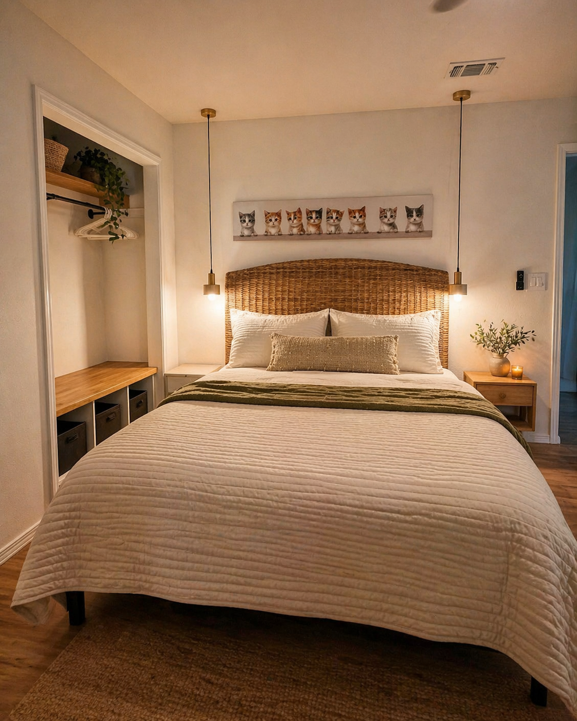 A cozy bedroom with a queen-sized bed featuring a woven rattan headboard, white bedding, and decorative pillows. Two hanging pendant lights are on either side of the bed. Above the headboard is a framed artwork of cartoon cats. To the right, a nights