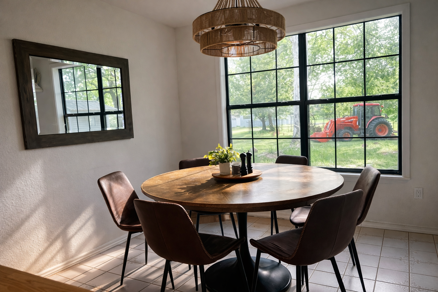 A dining room with a round wooden table surrounded by five brown chairs, a plant in a white pot on the table, a large window showing trees and an orange tractor outside, a mirror on the wall, and a woven chandelier hanging from the ceiling.