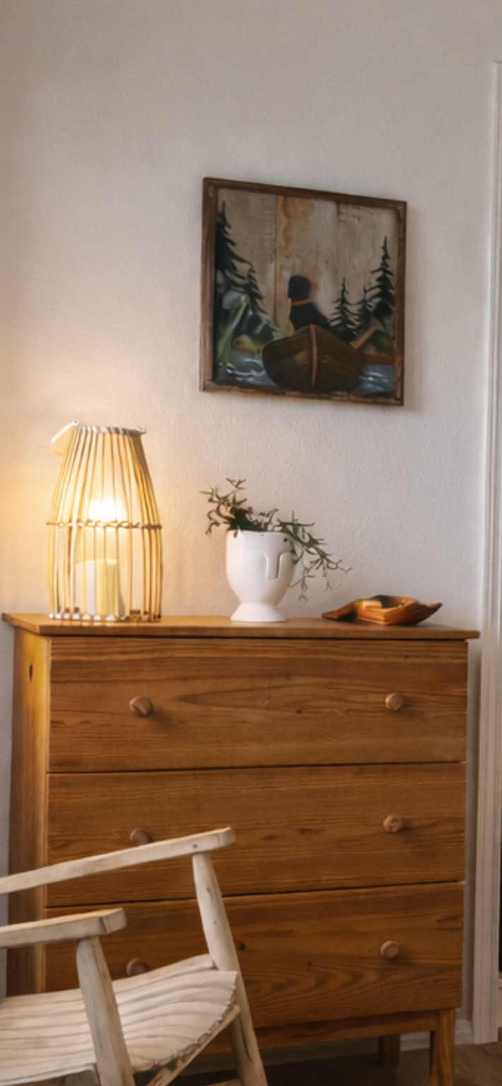 Wooden dresser with a white vase containing greenery, a wall-mounted painting of a dog in a boat in a forest, and a lamp with a woven design.