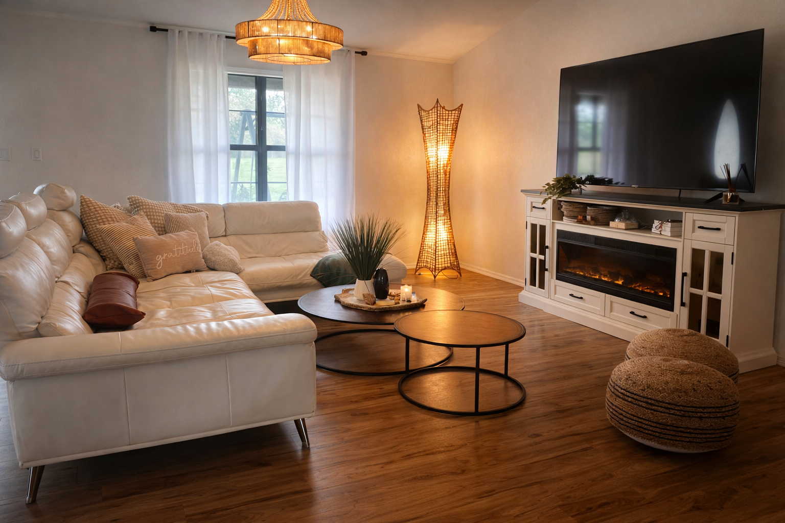 Cozy living room with white sectional sofa, natural wood flooring, and a white entertainment center with a large flat-screen TV and electric fireplace. There are decorative items, pillows including one with 