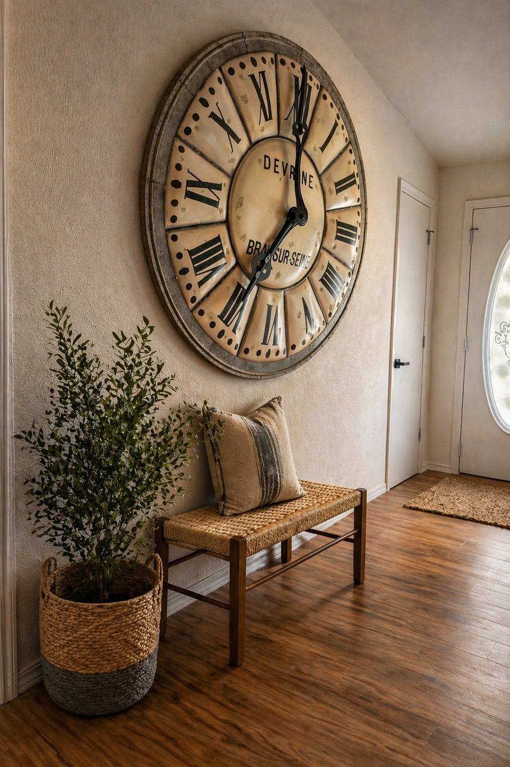 Large vintage wall clock with Roman numerals in a home entryway. A woven bench with a decorative pillow and a potted plant on the floor nearby. Wooden floor, front door with glass panel, and closet door in the background.