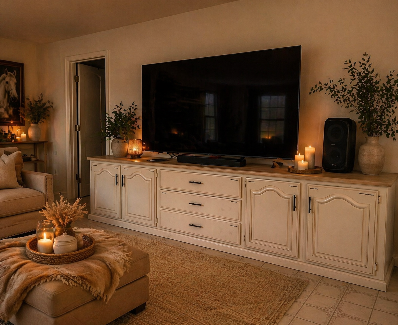 A cozy living room with a neutral color palette, featuring a large flat-screen TV on a vintage-style white wooden console, surrounded by candles, potted plants, and decorative items, creating a warm and inviting atmosphere.