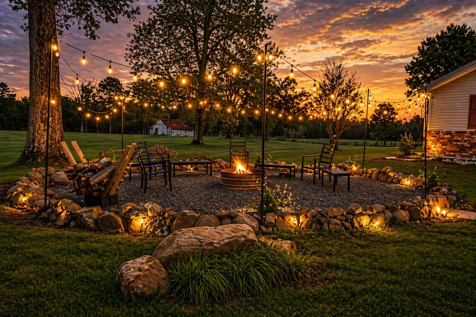 Outdoor fire pit area with string lights, surrounded by chairs and rocks, during sunset in a yard.