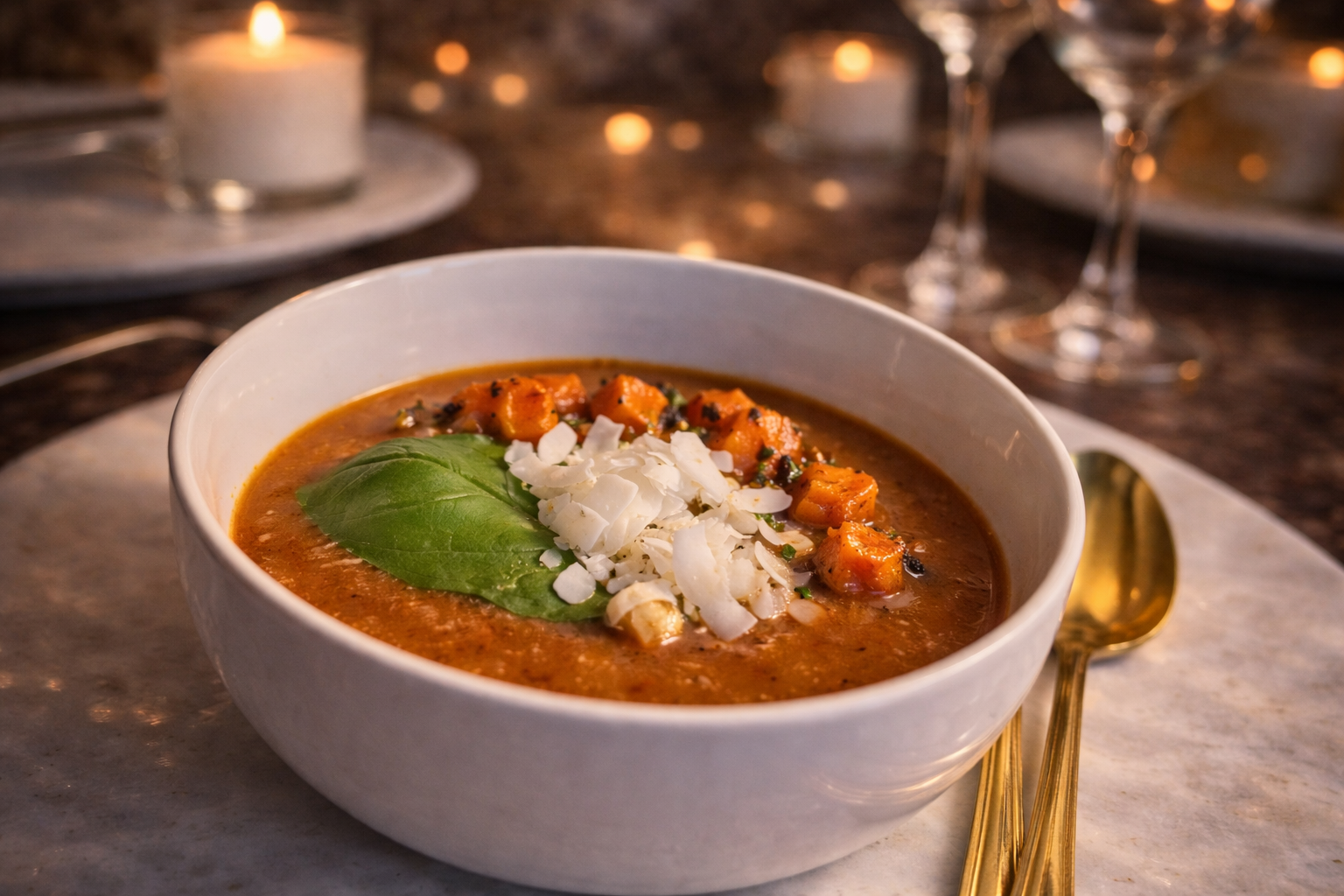 Healthy soup served at a wellness retreat in nature at Broken Bow by Natura Holistic