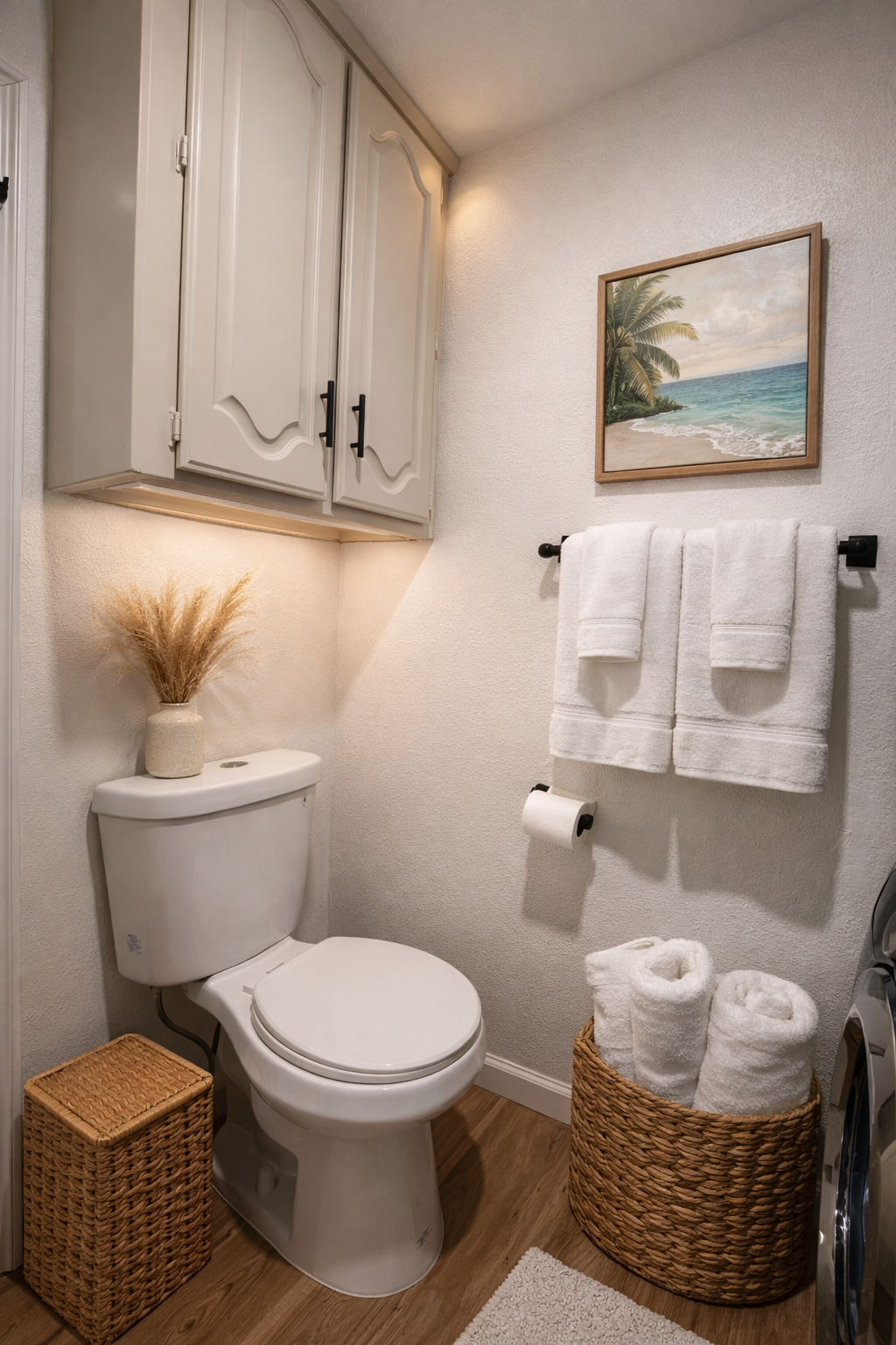 A small bathroom featuring a white toilet with a beige vase containing dried pampas grass on top. To the right, there is a basket holding three rolled white towels and a wall-mounted towel rack with two white towels. Above the toilet, there is a fram