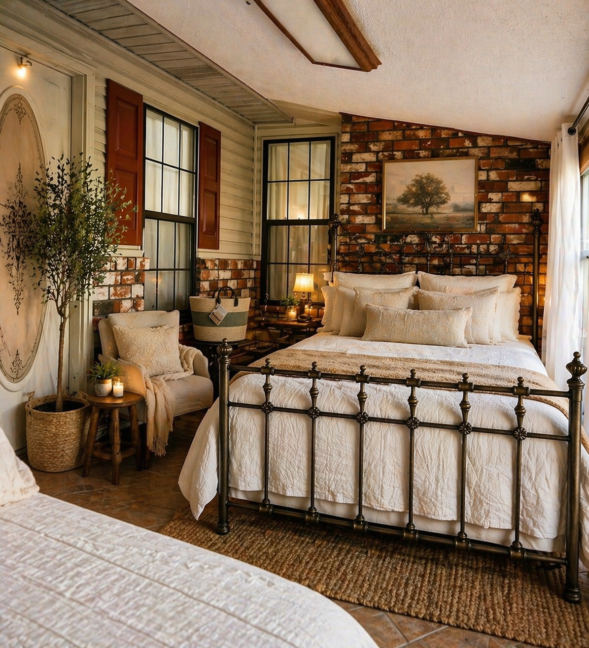 Cozy bedroom with brick and siding wall, iron bed with white bedding and multiple pillows, armchair with pillow, side table with candle, decorative basket on nightstand, paintings, and potted plant near window.
