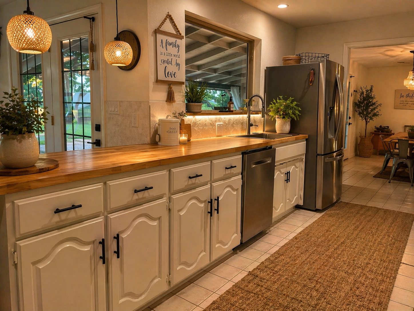 A kitchen with a long wooden countertop, white cabinets with black handles, a stainless steel refrigerator, and potted plants. There are two hanging woven light fixtures and a sliding glass door leading outside. The walls are decorated with a framed 