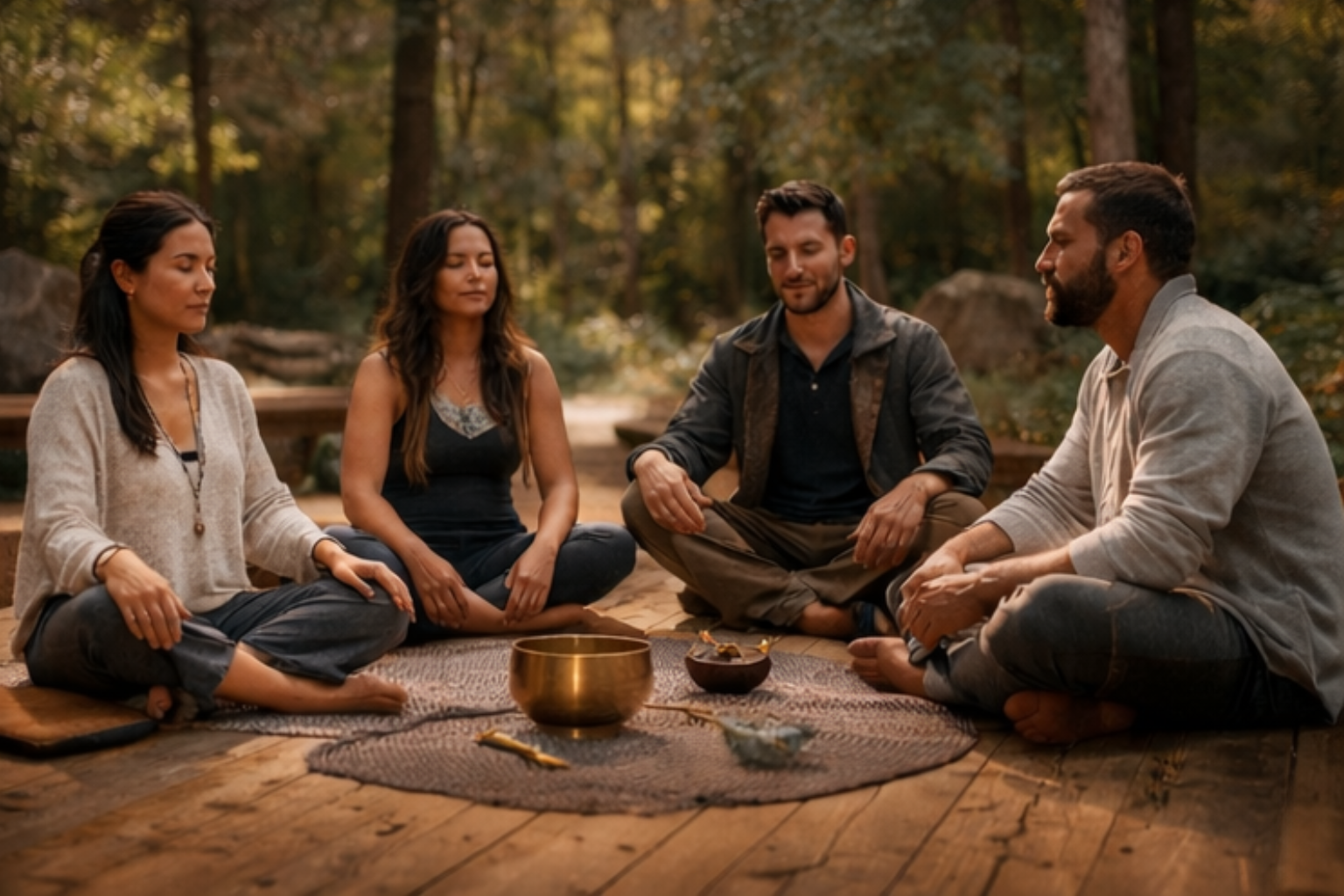 Grupo mixto de mujeres y hombres en retiro en la naturaleza en Oklahoma cerca de Broken Bow.