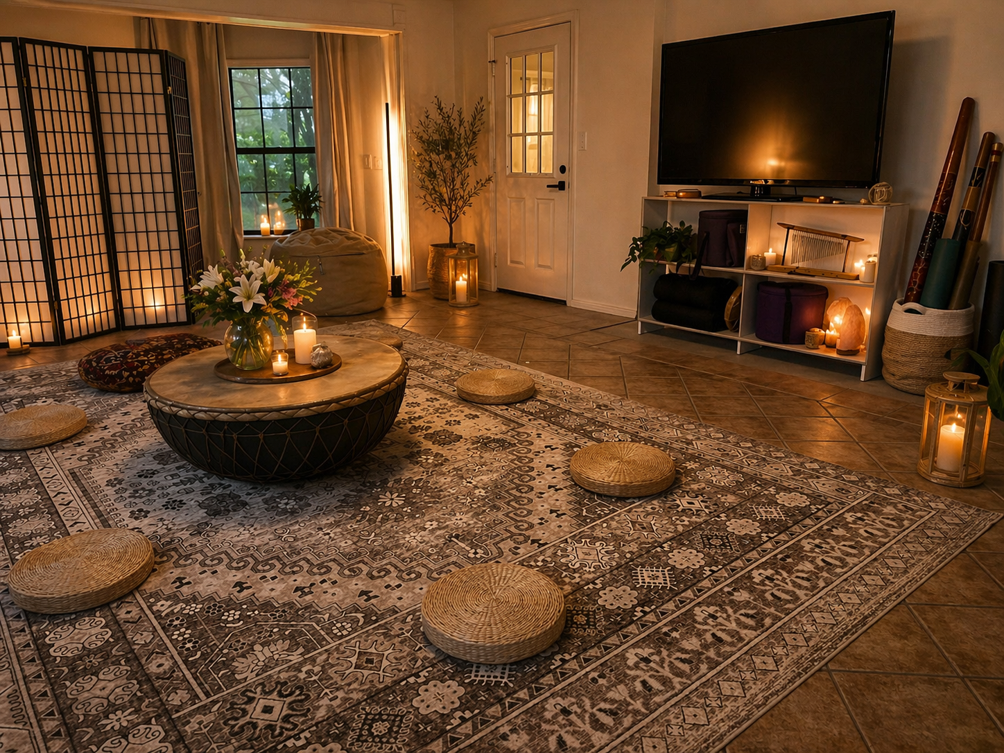 Cozy living room decorated with candles, a large patterned rug, a flower arrangement on a round coffee table, cushions on the floor, a window with curtains, a bean bag chair, bookshelf with decorative items, and a television, creating a warm and invi