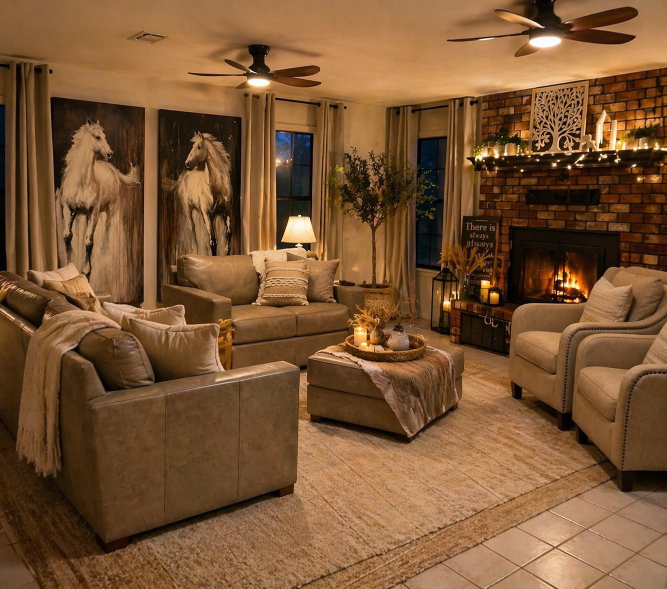 Cozy living room with beige sofas, armchairs, and a fireplace decorated with candles and string lights. Artwork of two white horses hangs on the wall, and there is a potted tree near the windows. The room is warmly lit with lamps and candles, creatin