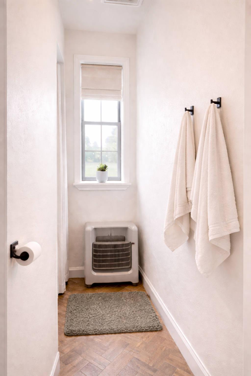 A small, bright bathroom with a window near the floor, two white towels hanging on black hooks on the right wall, a small heater below the window, a gray textured rug on wooden flooring, and a potted plant on the windowsill.