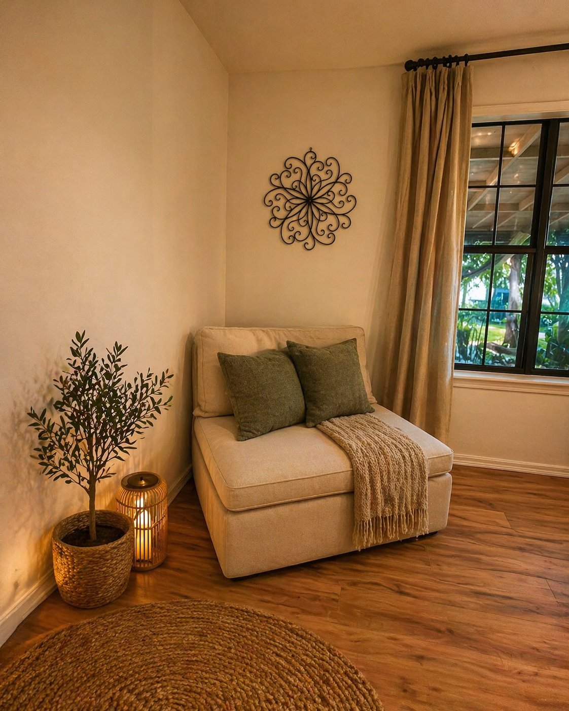 Cozy corner of a living room with a beige loveseat, two green pillows, a throw blanket, a potted plant, a lit candle, a window with curtains, and wall decorations.