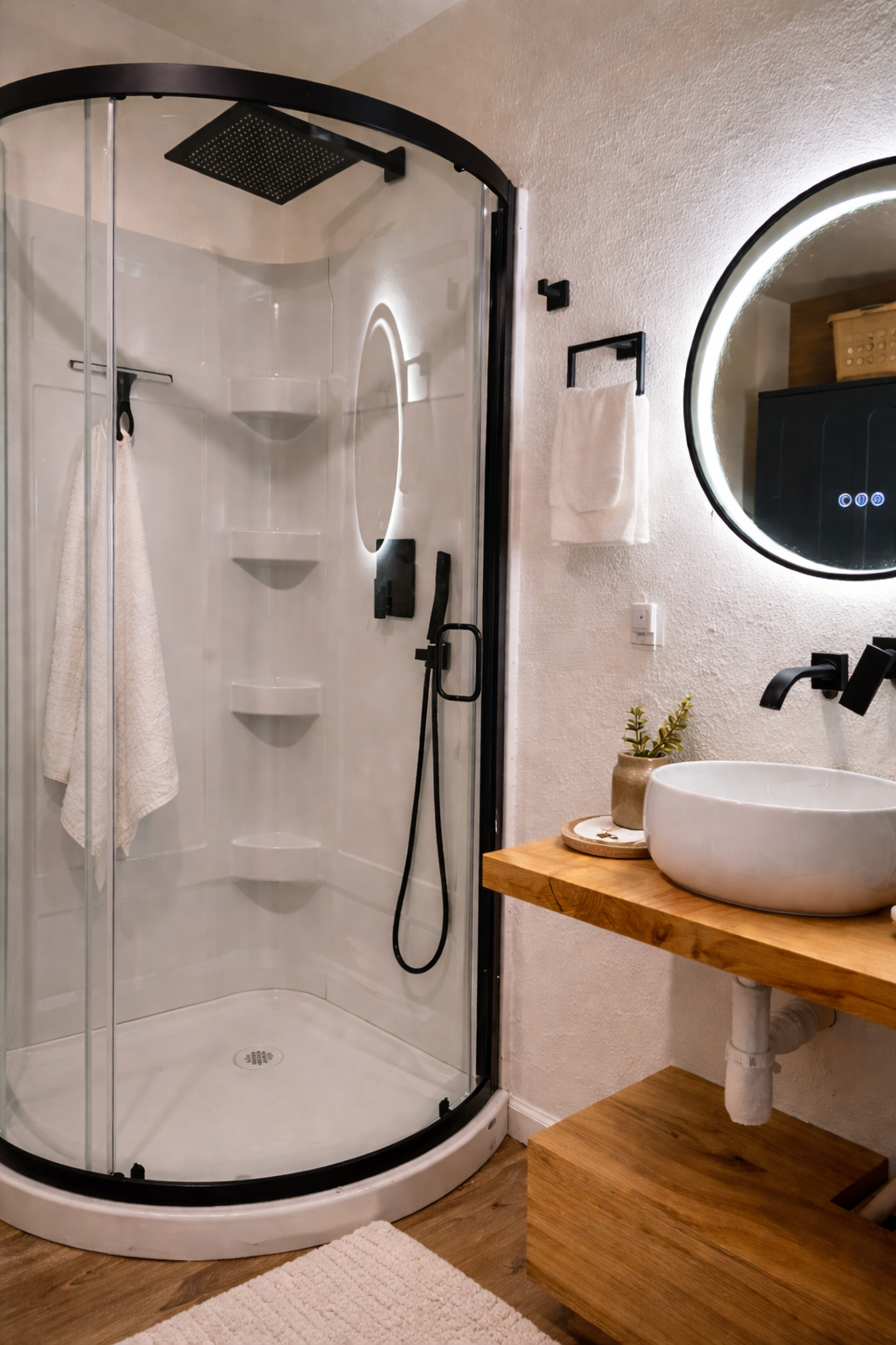 Modern bathroom with corner glass shower enclosure, round wooden vanity with white vessel sink, illuminated oval mirror, white towel on black towel rack, small potted plant on vanity, and wooden flooring.