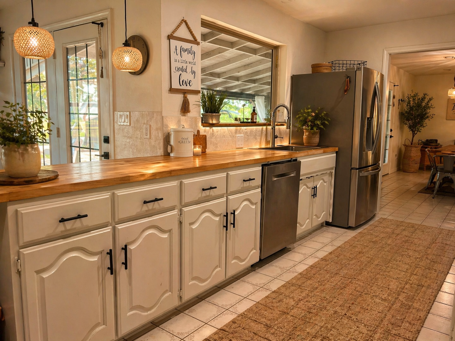 A cozy kitchen with white cabinets, a wooden countertop, potted plants, and a stainless steel refrigerator. Decor includes hanging lights, a wall clock, and a framed quote saying "A family is a little world created by love." There is a sliding glass 