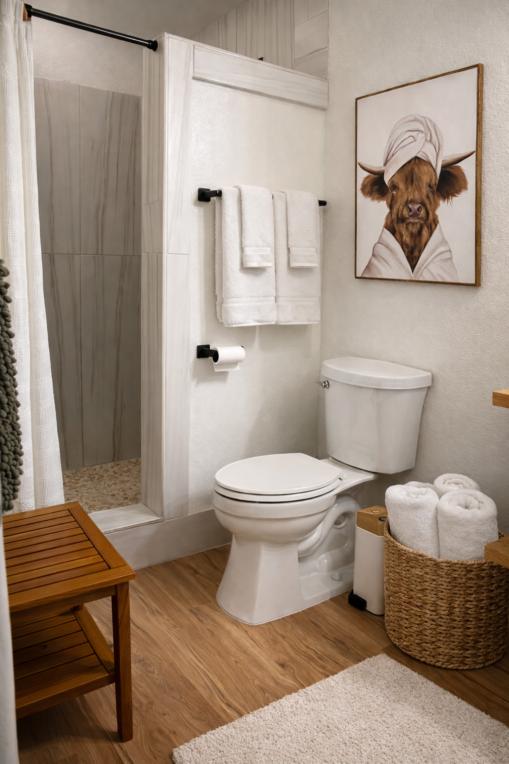 A bathroom with a toilet, a basket of rolled towels, a wooden bench, a framed cow portrait with a towel on its head, and a walk-in shower with a curtain row.
