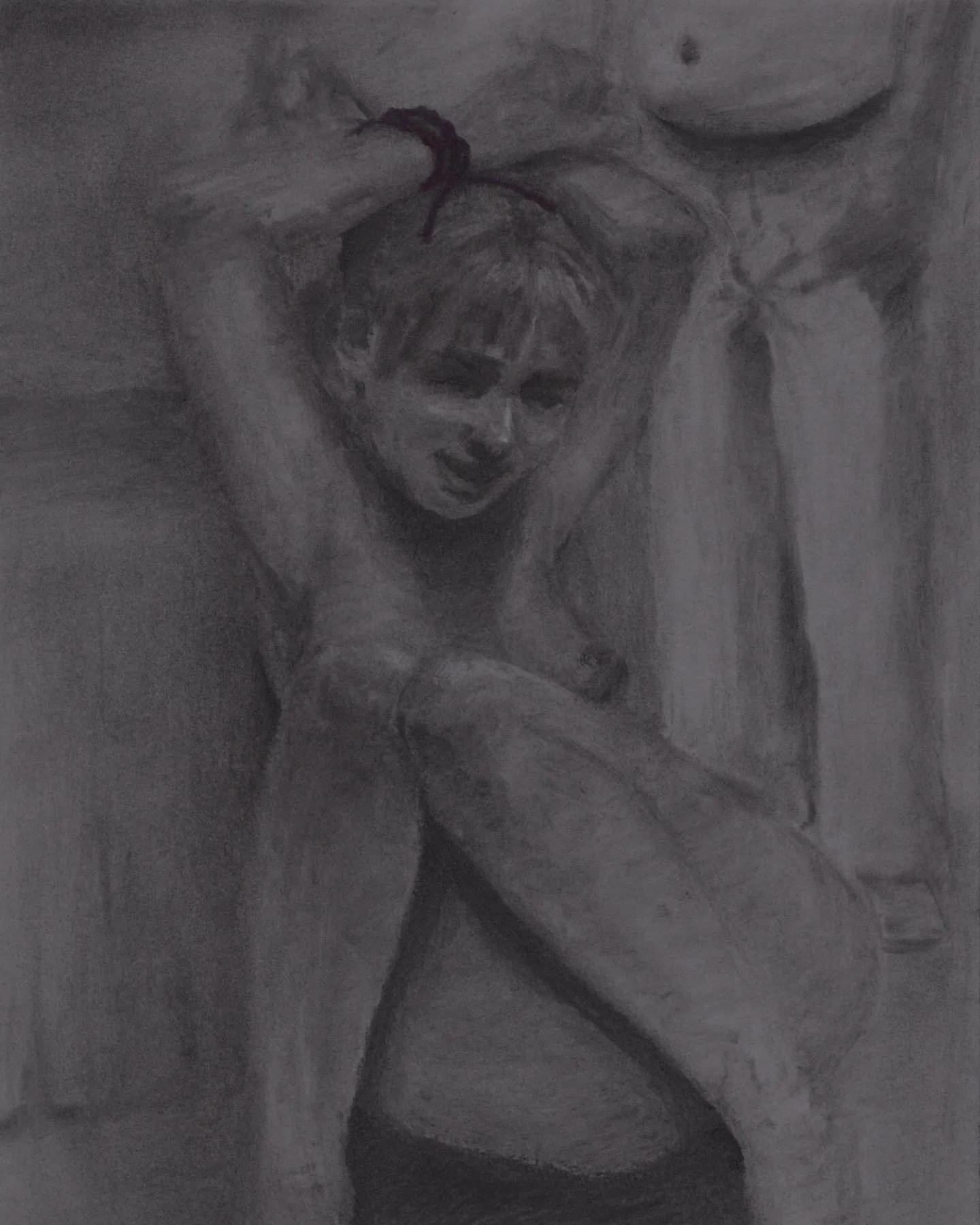 Sketch of a woman with arms raised above her head and a serious expression, rendered in gray tones.