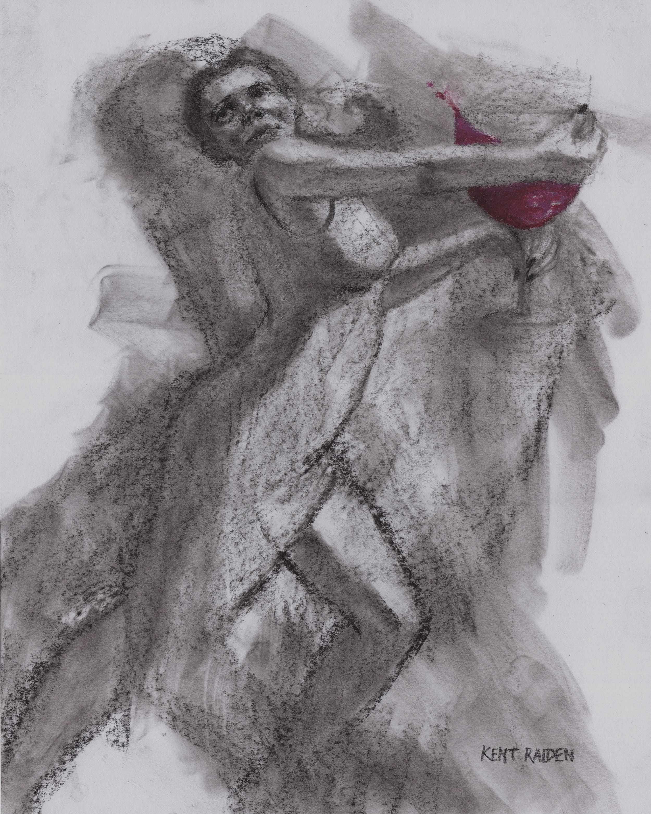 A charcoal sketch of a young girl sitting on a bed, holding a glass of red wine, smiling, with the artist's signature 'Kent Raiden' at the bottom right corner.