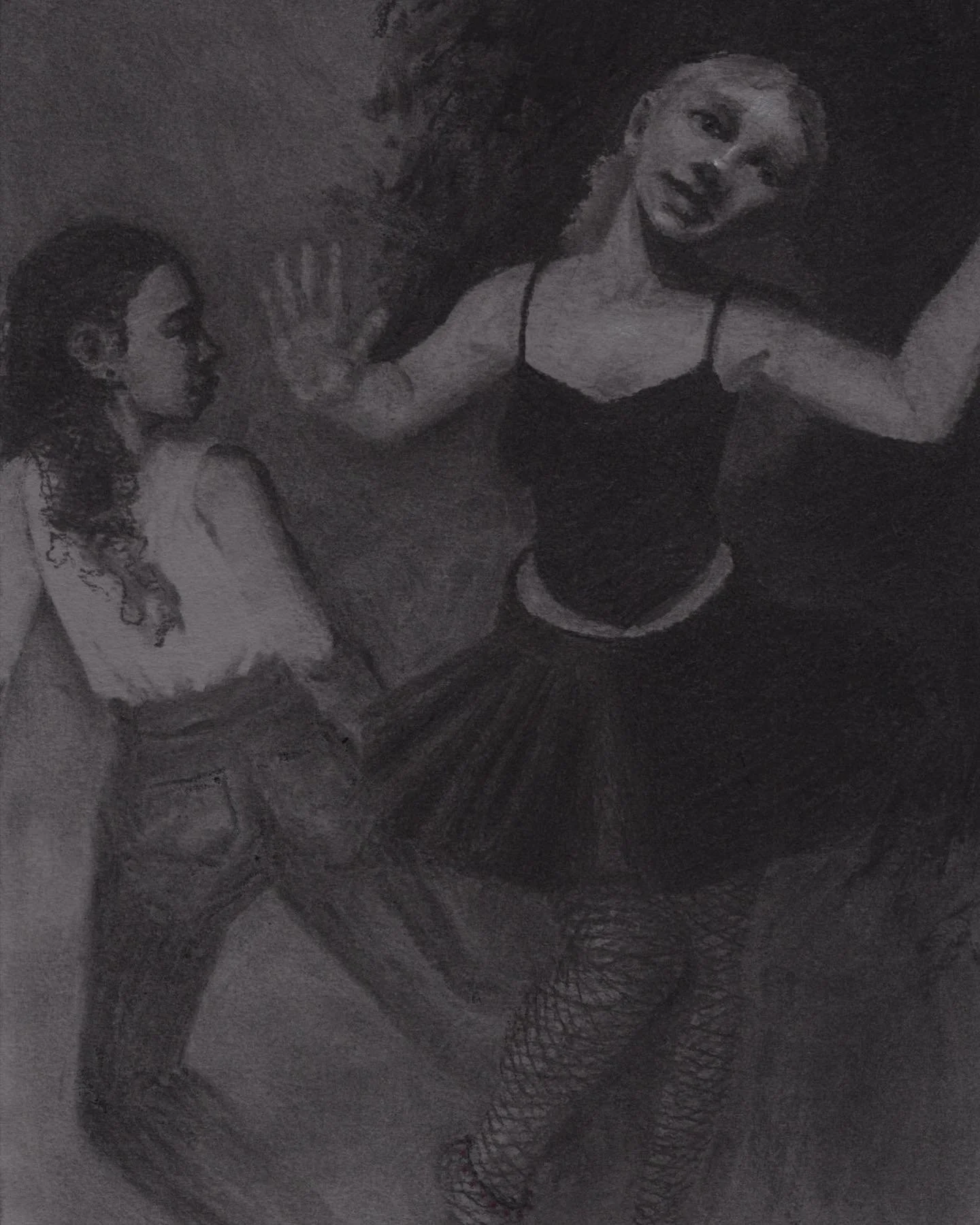 A woman and a young girl are on a dance floor. The woman is wearing a black leotard and a tutu, smiling with one hand raised as if dancing. The girl is in casual clothes, standing with her hands in her pockets, watching the woman.