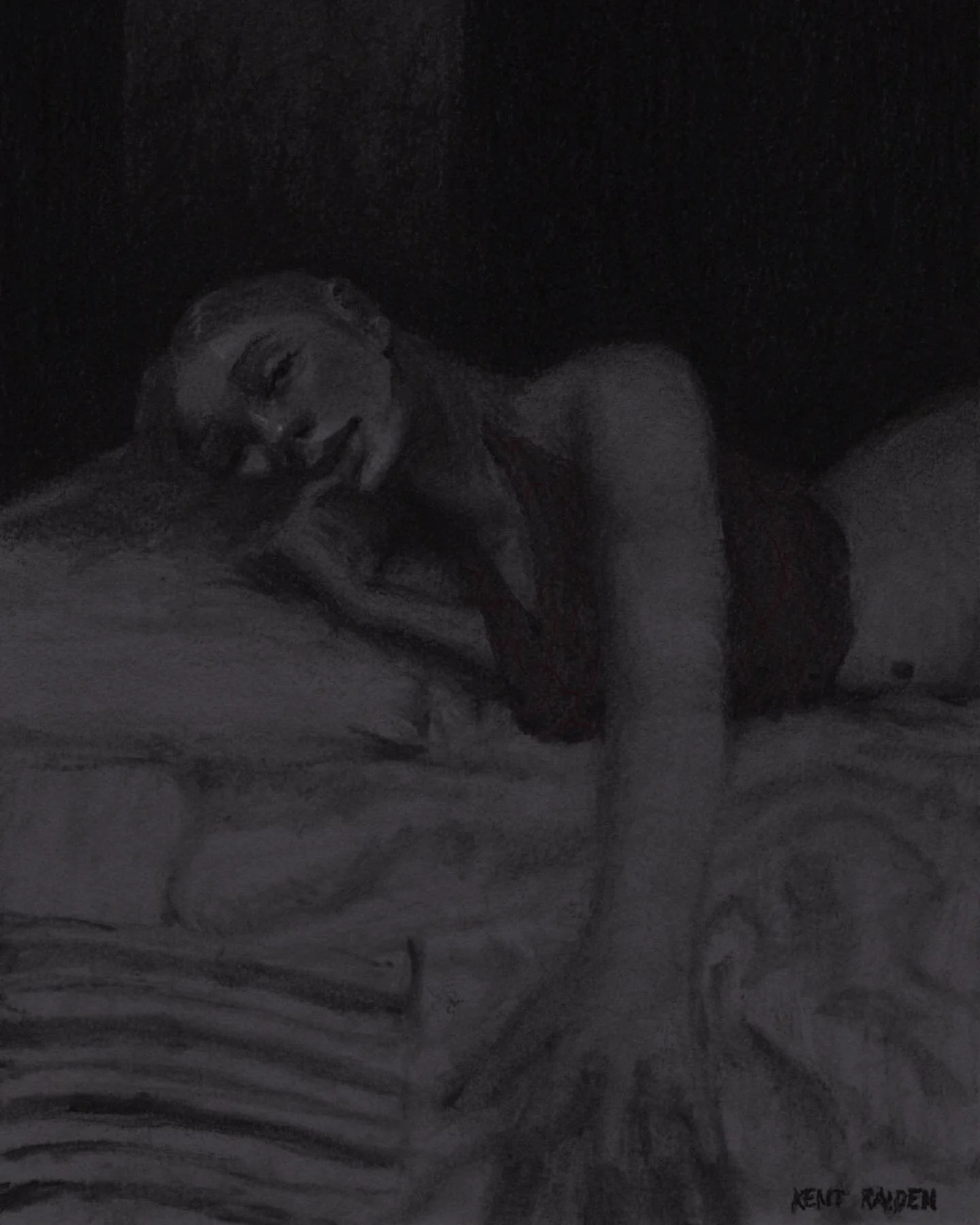 A woman with long hair lying on a bed, smiling, with her eyes closed. She is wearing a dark-colored top. The background is dark. The artwork is titled 'Kent Raven' and is signed in the bottom right corner.