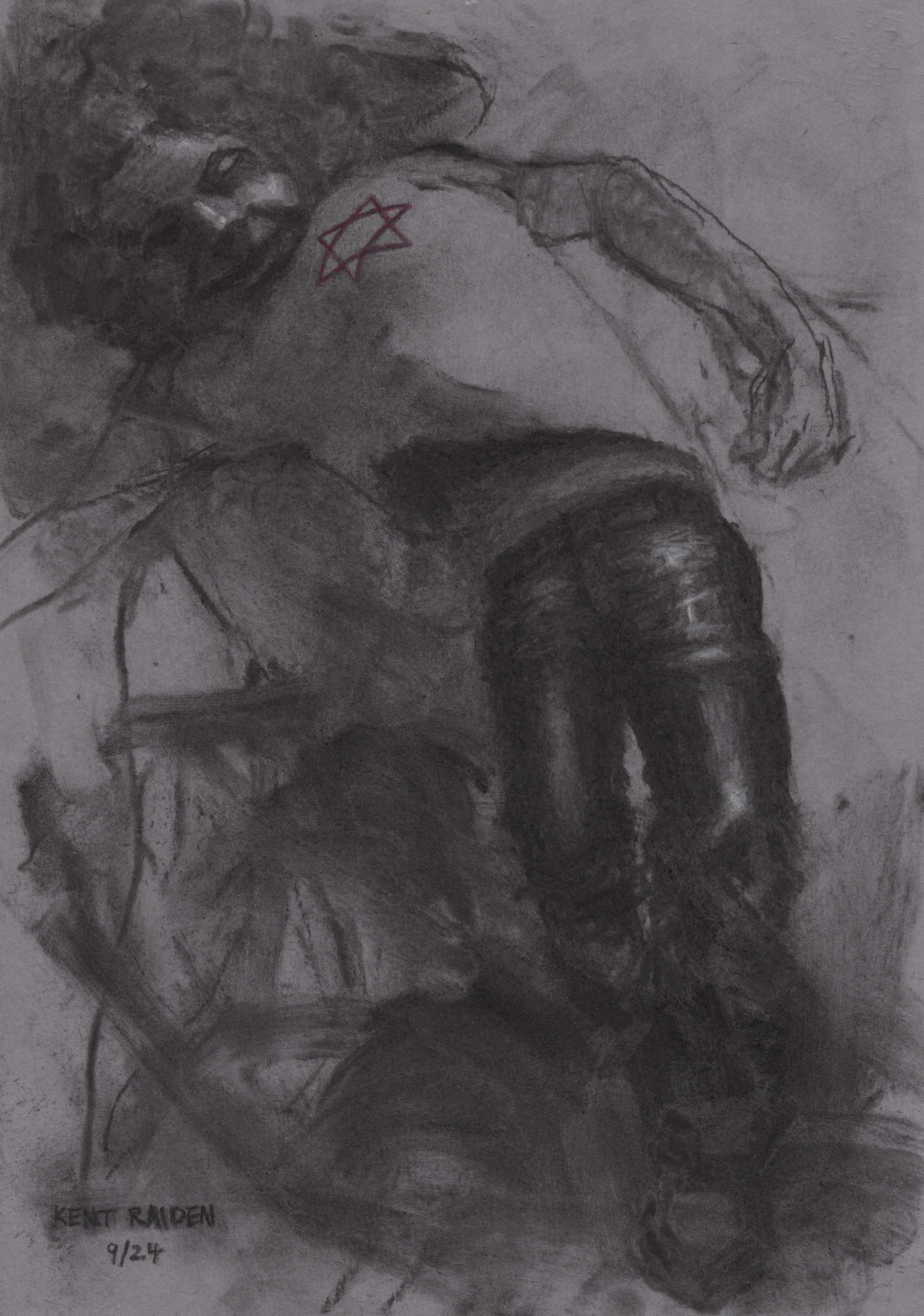 A grayscale sketch of a woman with long hair, lying on her side with one arm raised above her head. The person has a star shape marked on her shoulder. She is wearing a long-sleeved top and pants. The artist's signature, "KENT RAIDEN," and the date "