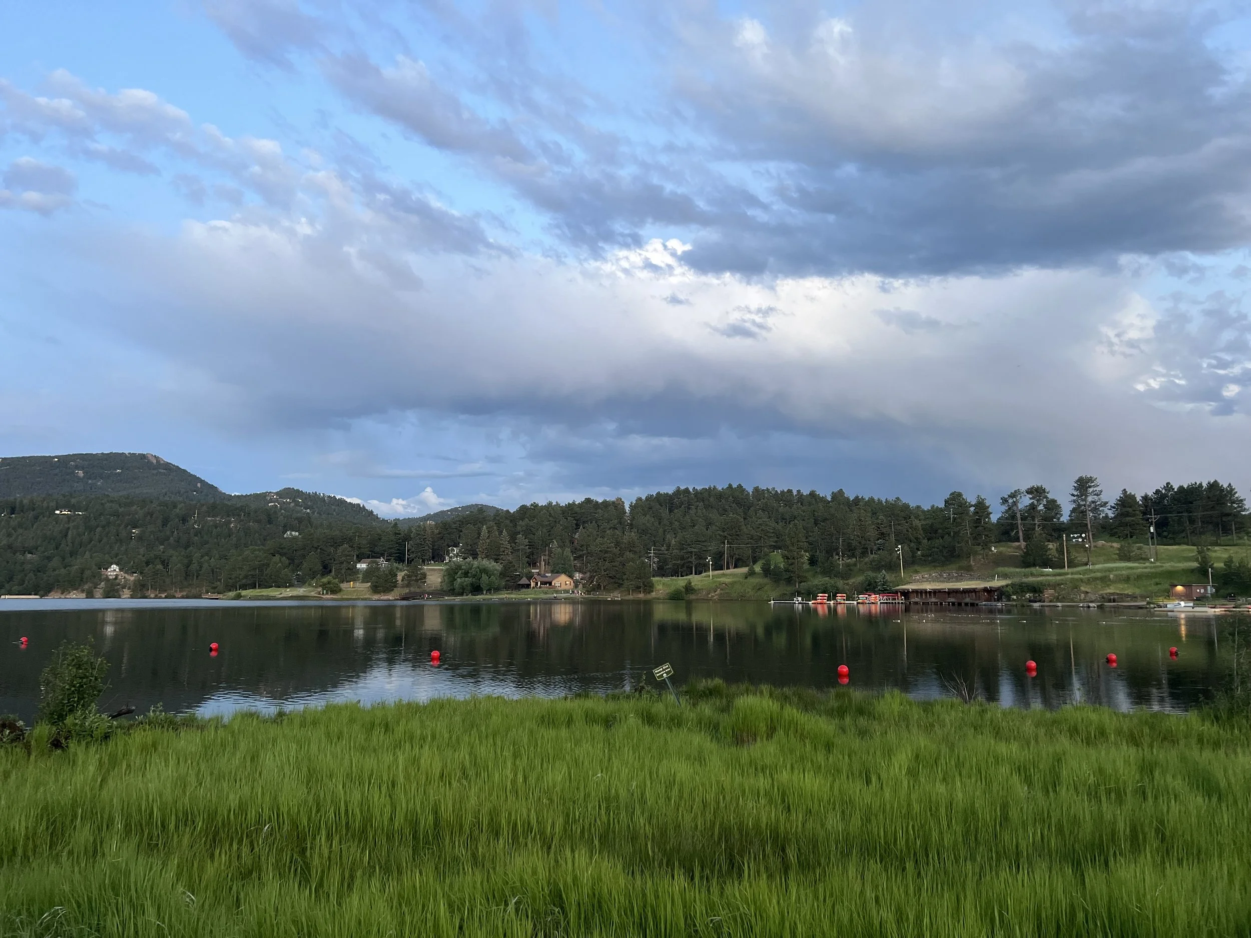 A peaceful lakeside scene with calm water reflecting the sky and surrounding trees, green grass in the foreground, and hills with houses and power lines in the background under a partly cloudy sky.