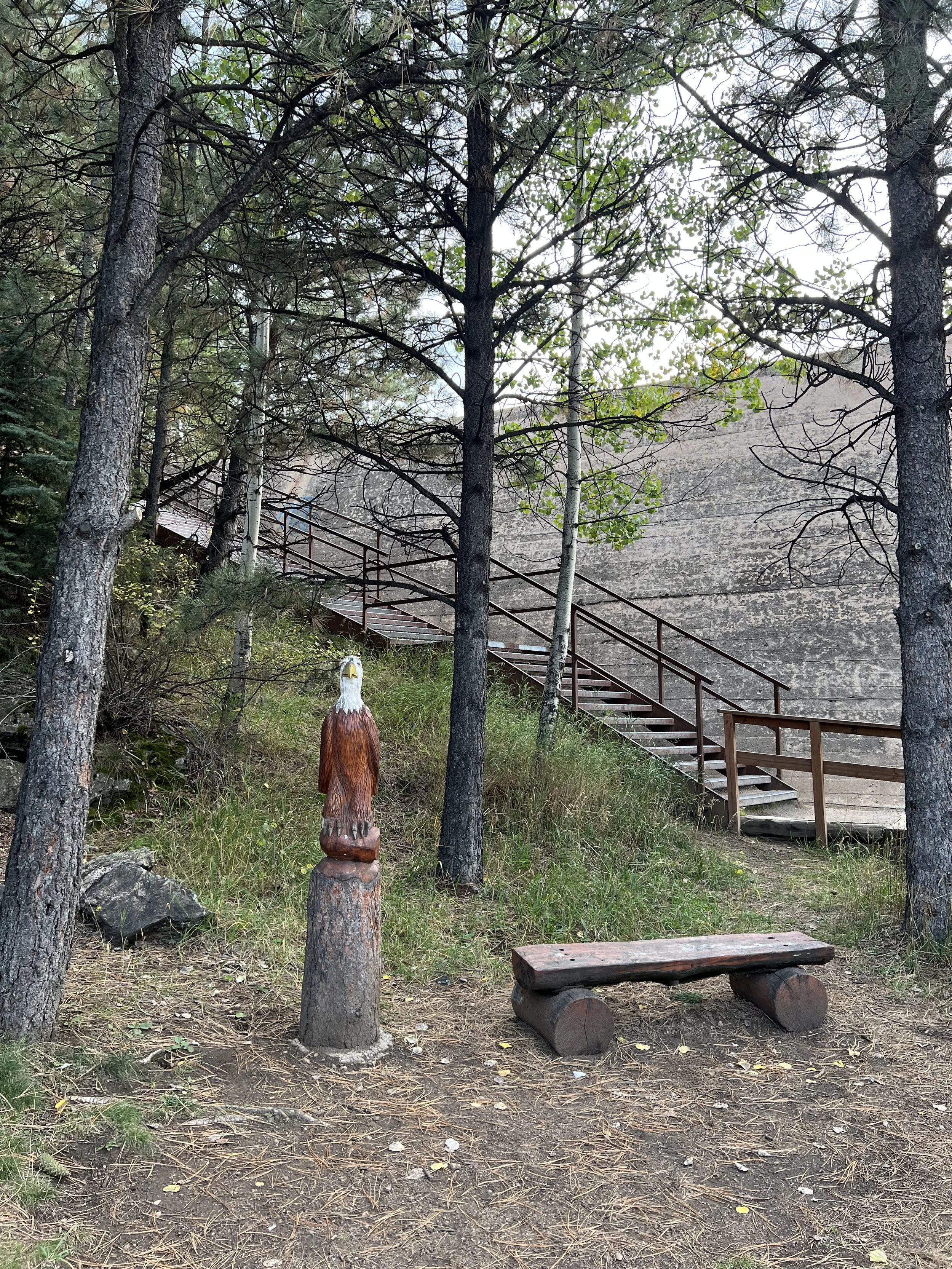A wooden statue of an eagle standing on a tree stump in a wooded area with a stairway and large cliff face in the background.