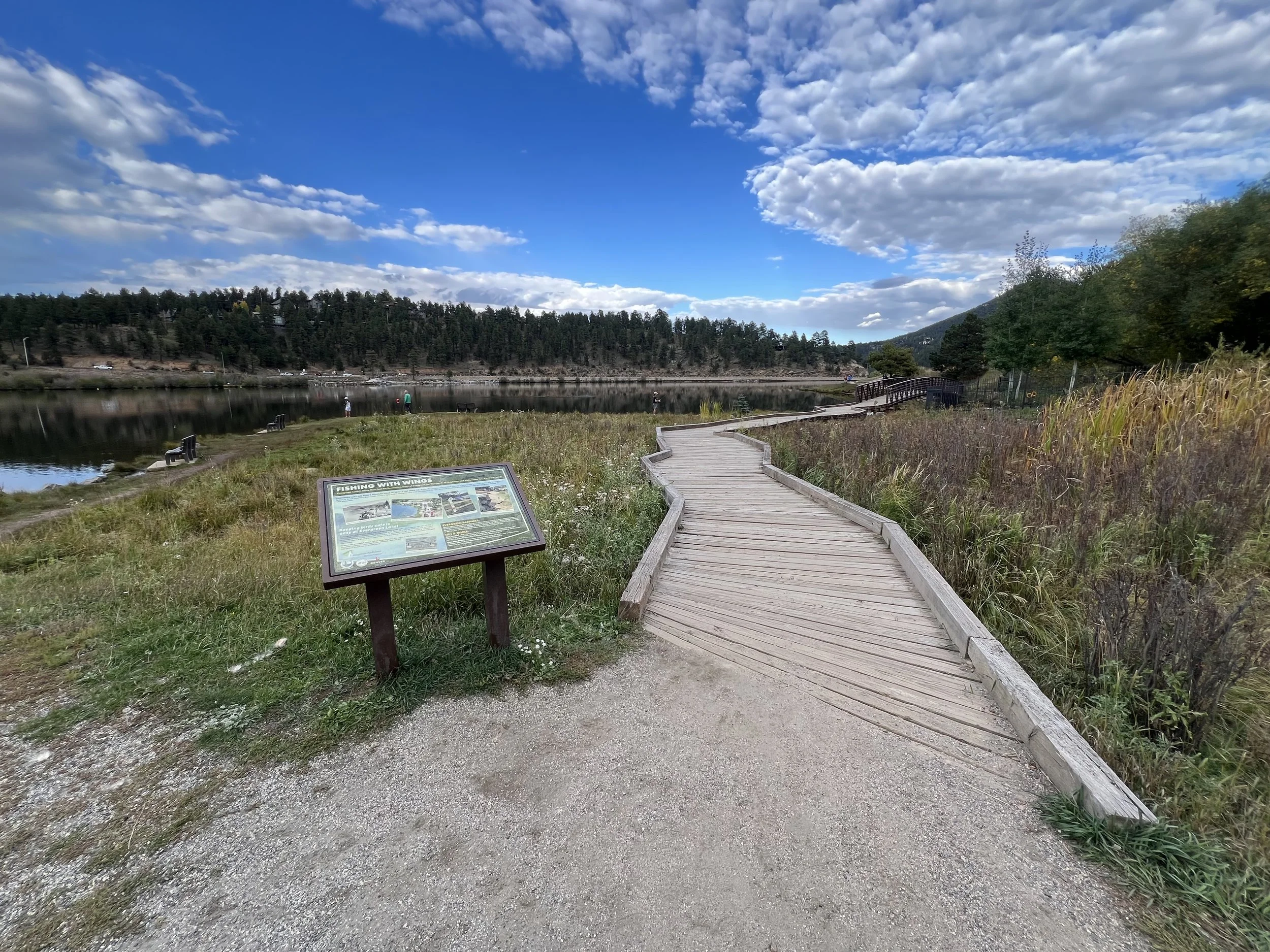 A winding wooden boardwalk along a lakeshore with a sign at the entrance, surrounded by grass and trees, under a partly cloudy blue sky.