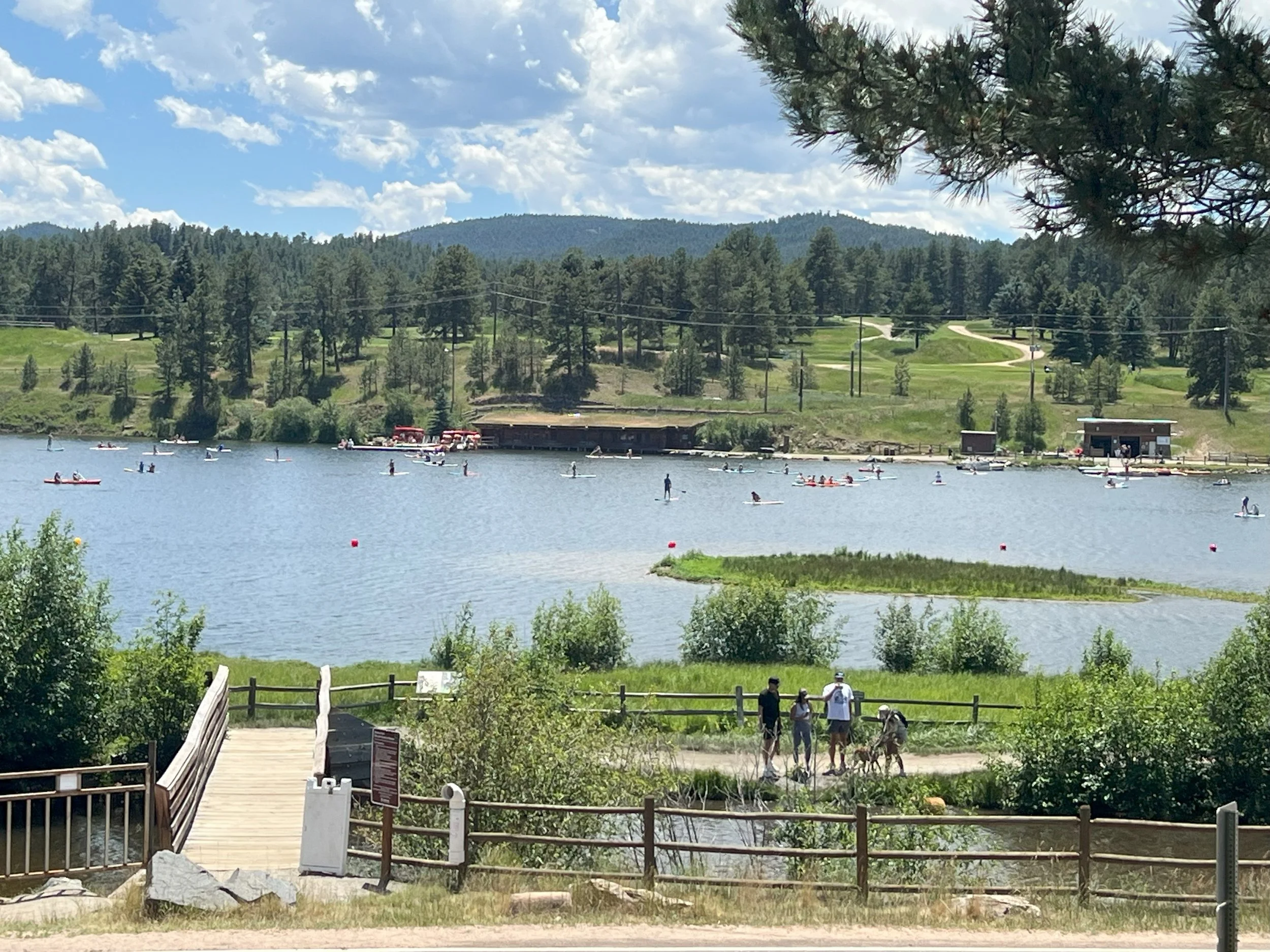 People paddleboarding and walking by a lake surrounded by trees and hills under a partly cloudy sky.