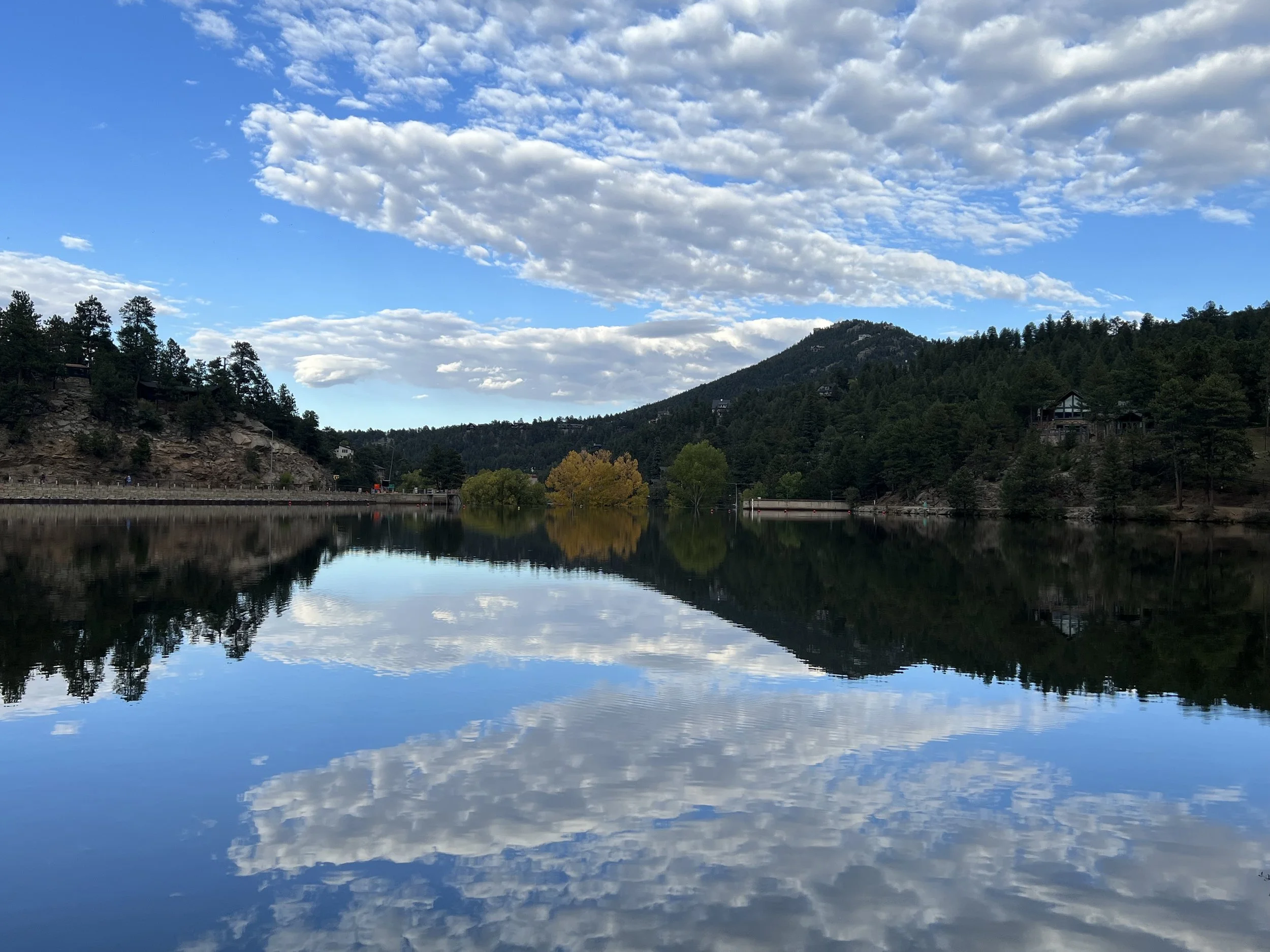 Scenic view of a lake with calm water reflecting blue sky, white clouds, a tree with yellow leaves, green trees, mountains, and houses in the distance.