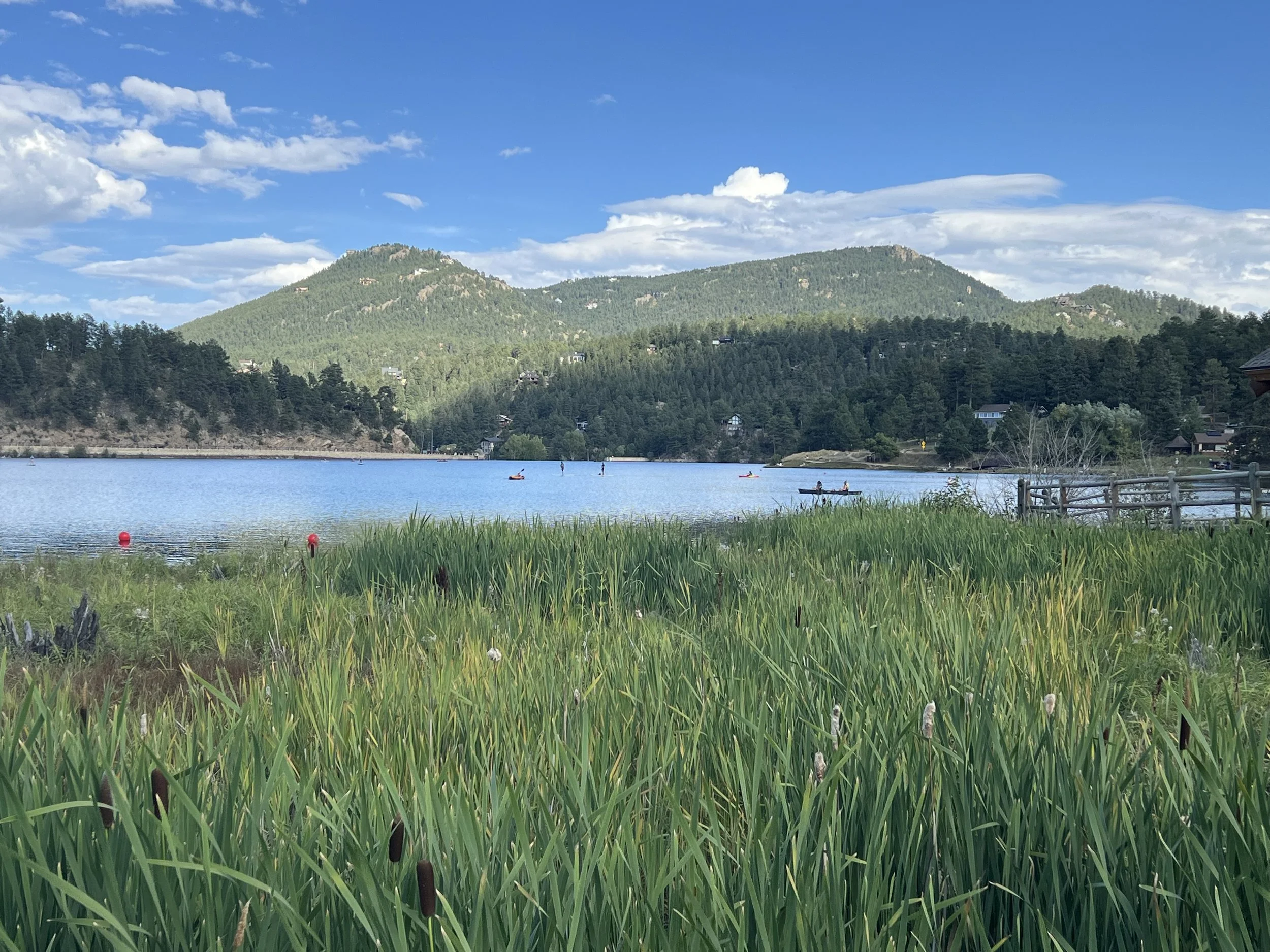 Scenic view of a lake with green mountains in the background, a clear blue sky with some clouds, and tall grasses in the foreground. There are a few boats on the lake and a wooden fence on the right side.