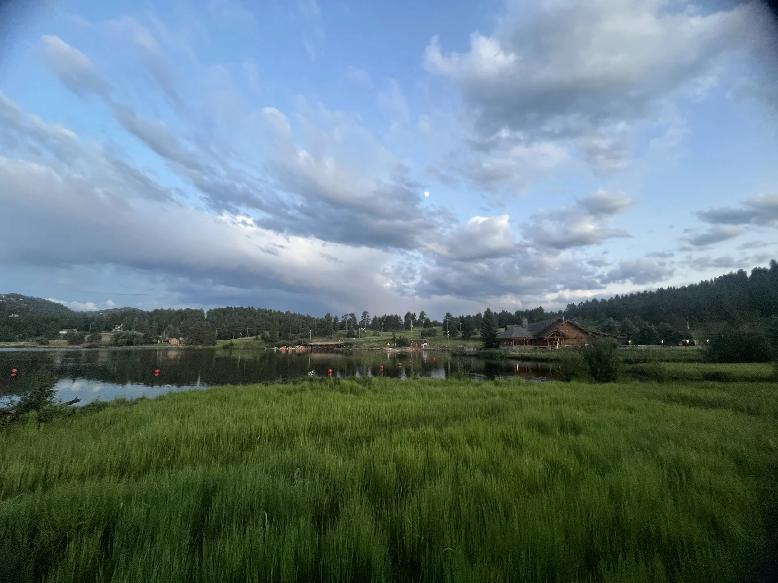 A scenic view of a lake with a grassy foreground, surrounded by trees and hills, under a partly cloudy sky with the moon visible.