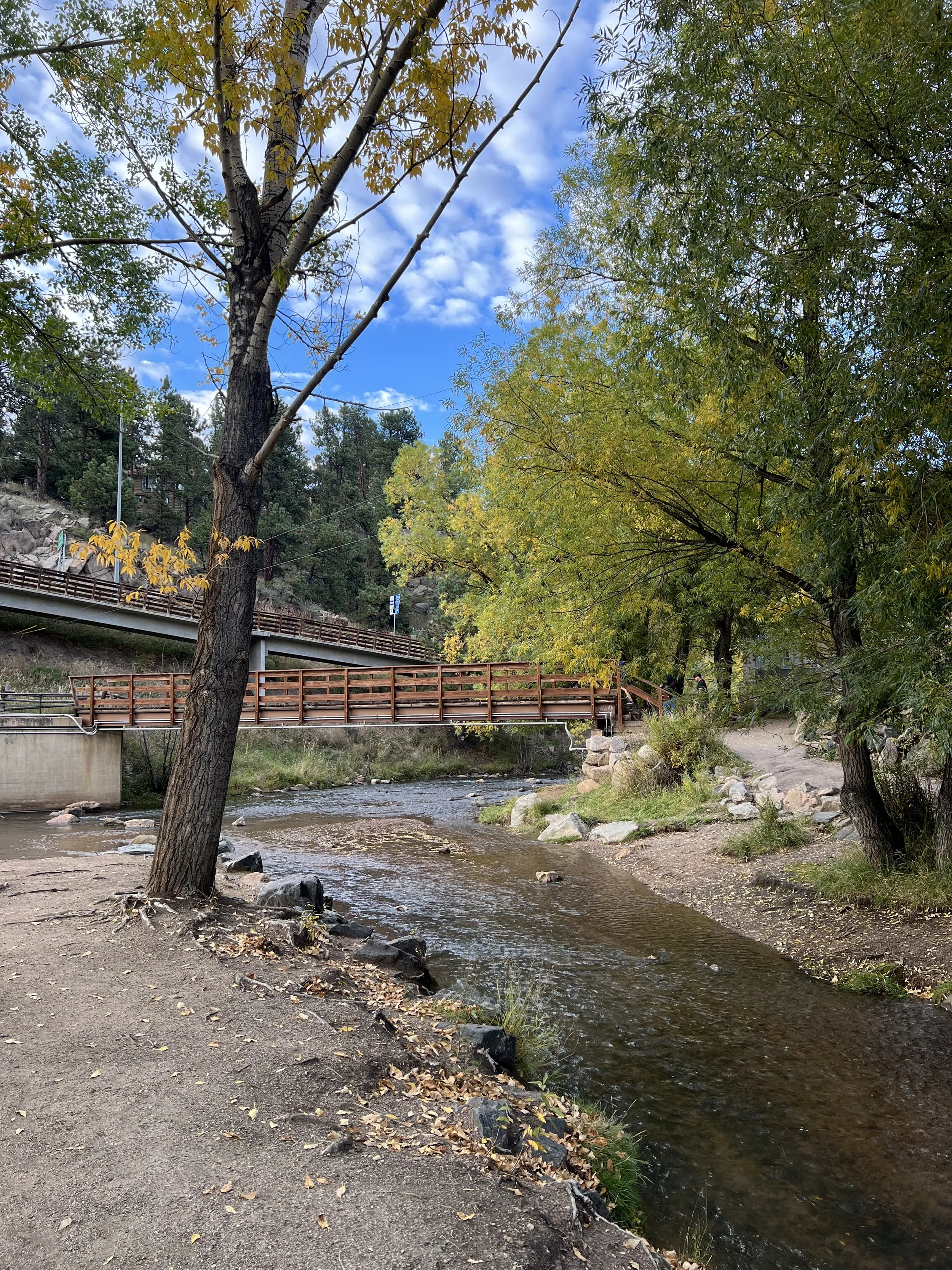 A scenic landscape of a creek with small rocks and trees on the bank, a wooden bridge in the background, and a partly cloudy blue sky overhead.