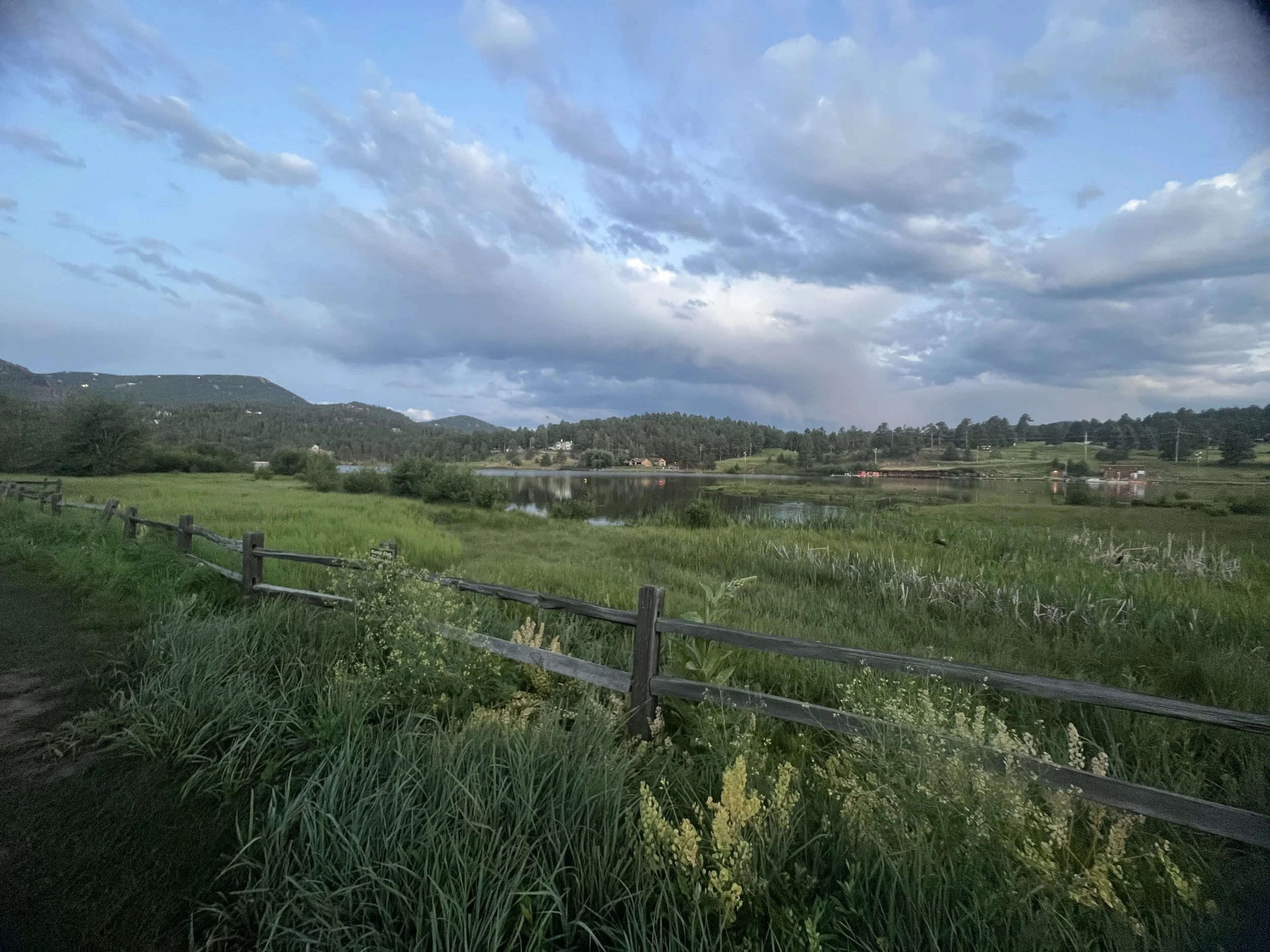 Scenic view of a grassy field next to a pond, with mountains in the background and partly cloudy sky.