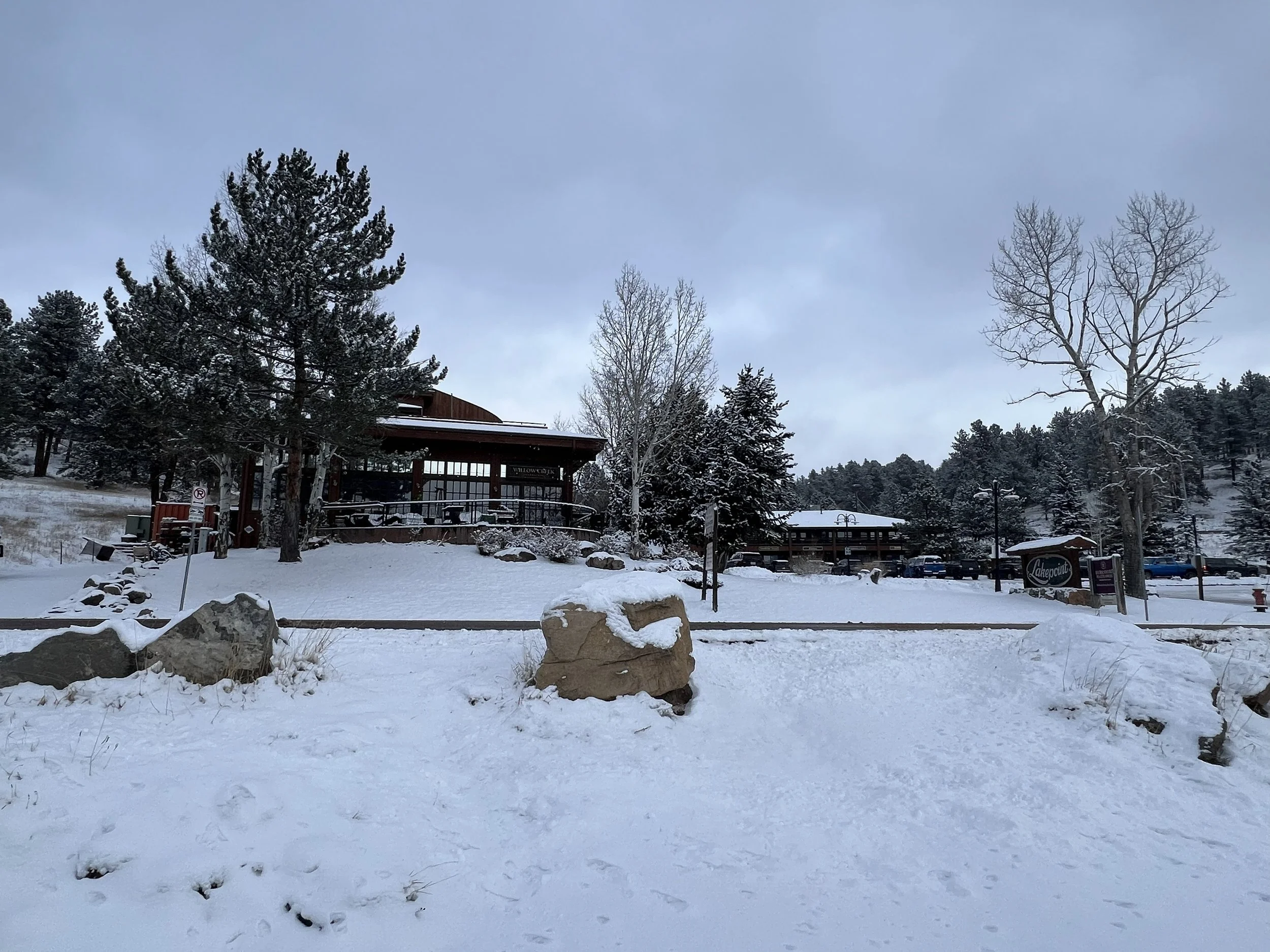 Snow-covered outdoor scene with trees, rocks, and a building with large windows, under a cloudy sky.