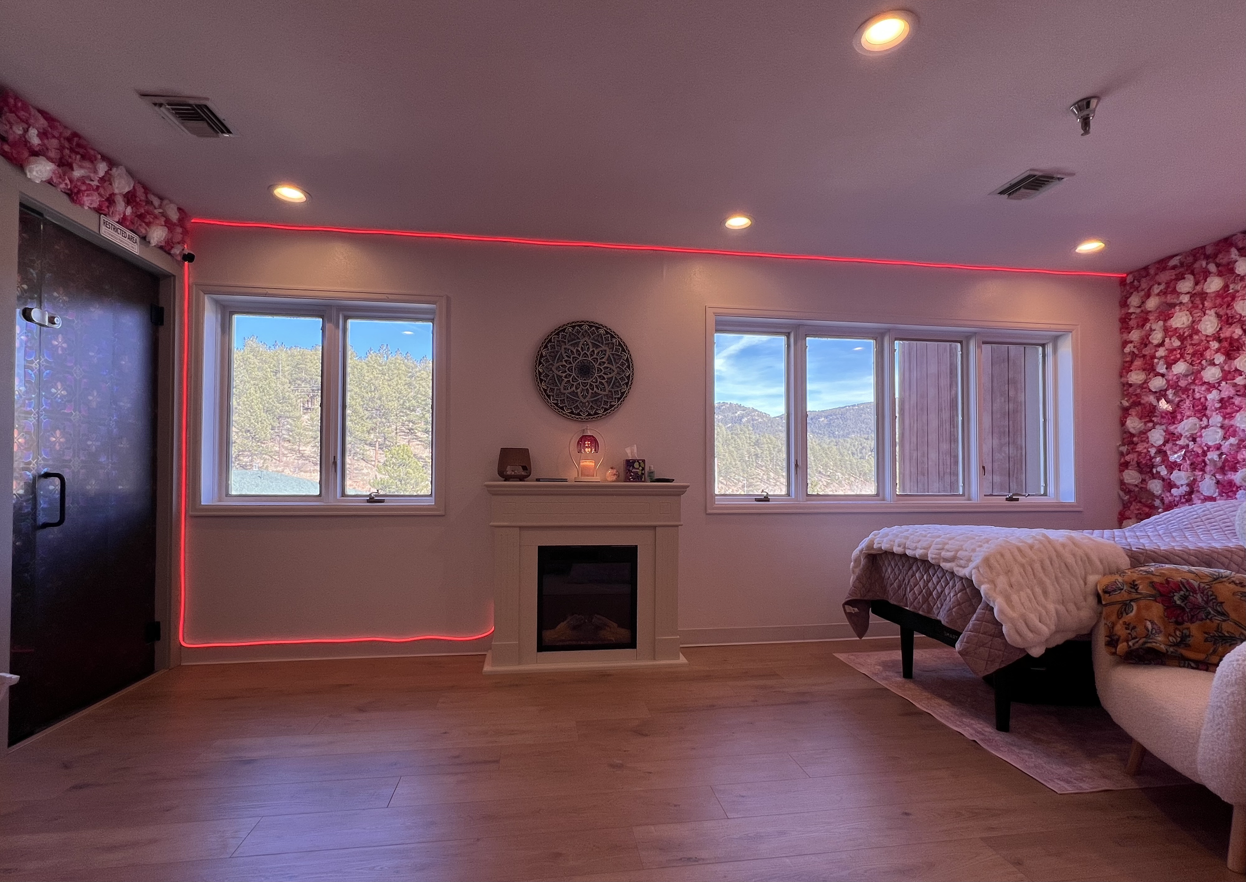 A cozy living room with light wood flooring, three large windows showing a mountain landscape, and a pink floral wall on the right. There is a white fireplace mantle with decorative items on top and a small electric fireplace below. A corner of a bei