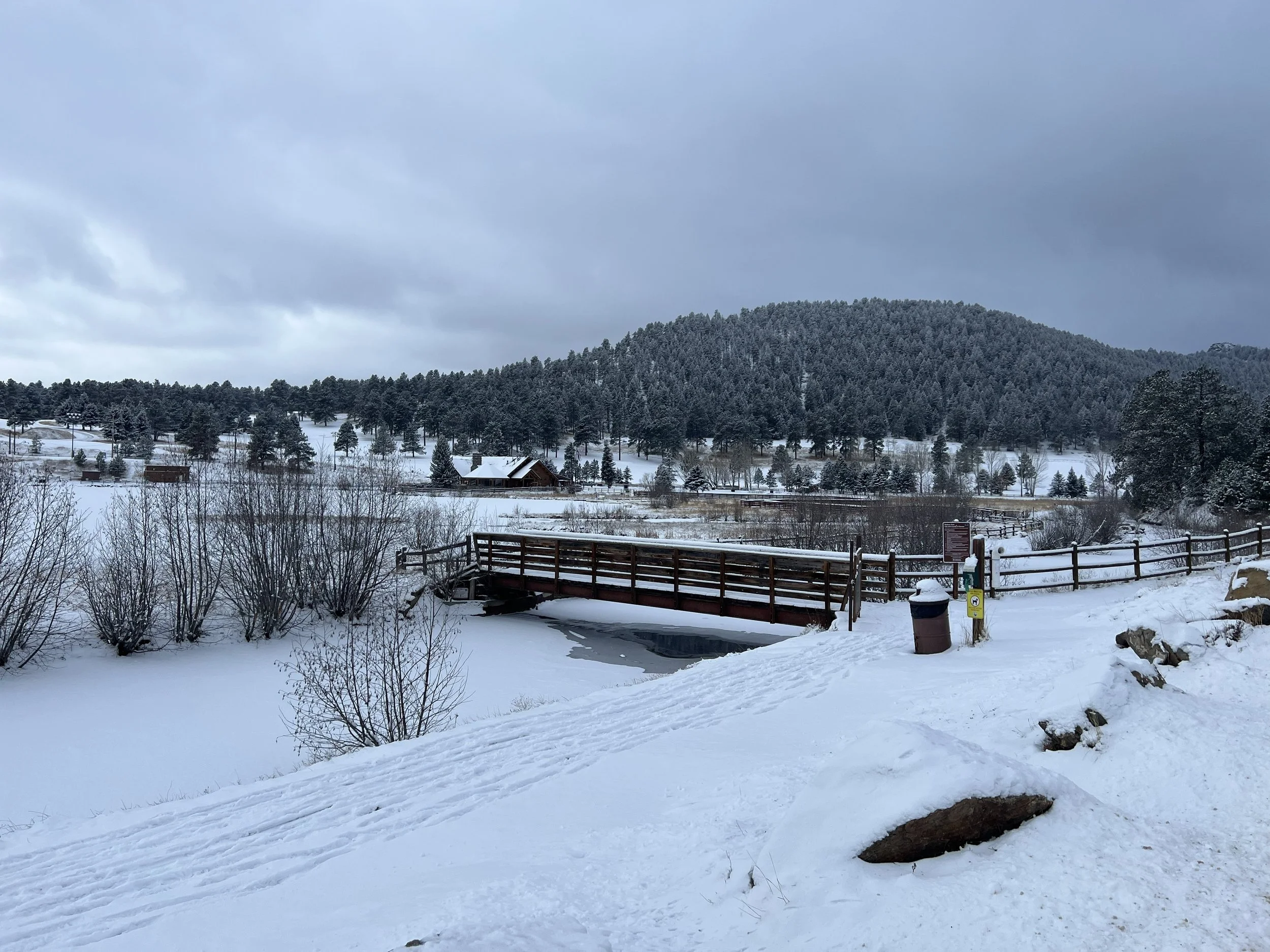Snow-covered landscape with a wooden bridge over a partially frozen stream, surrounded by trees and a distant house on a hillside, under cloudy gray skies.