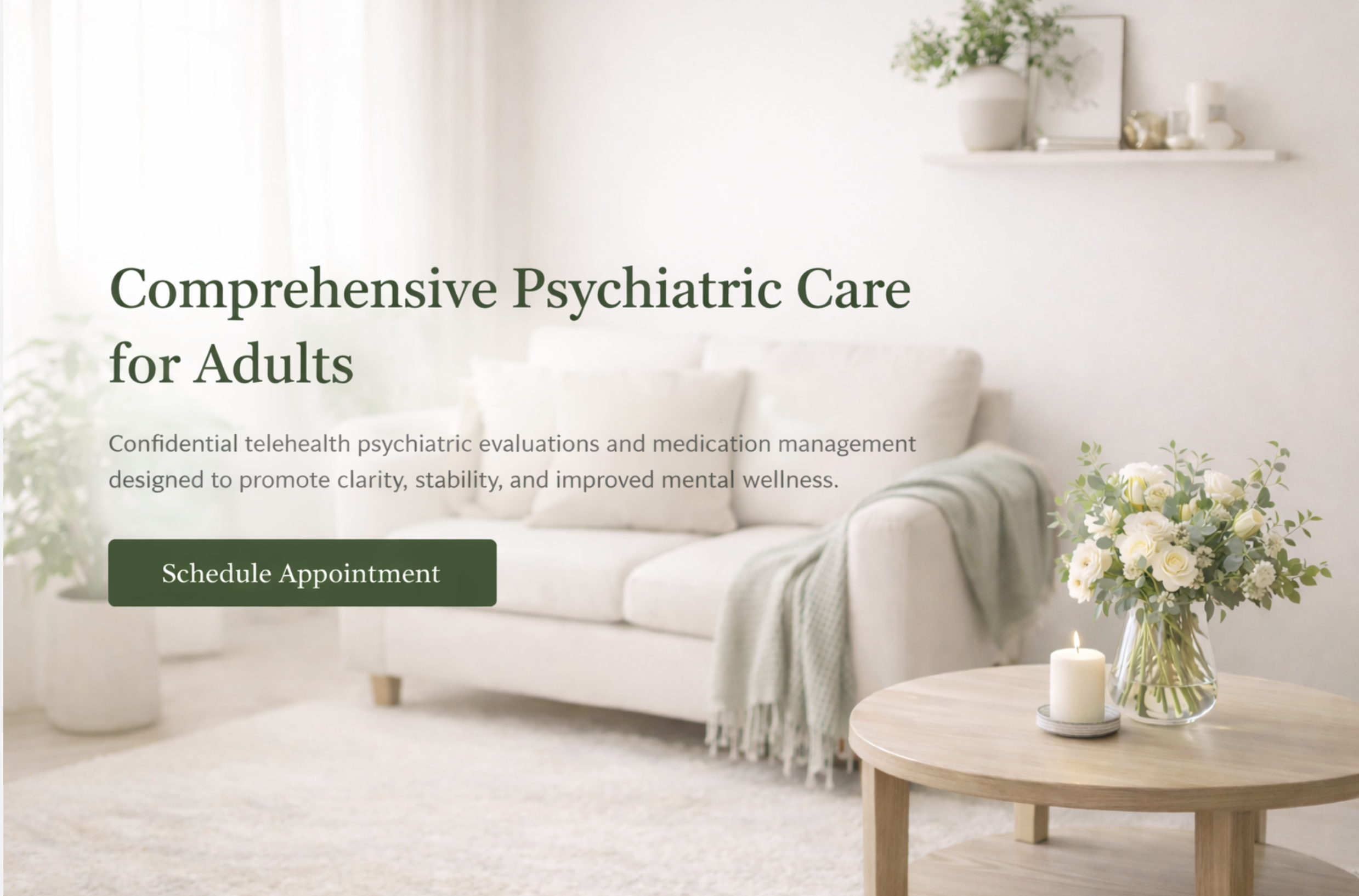 Living room with white sofa, green throw blanket, wooden coffee table with flowers and candle, white wall with shelf and plants.