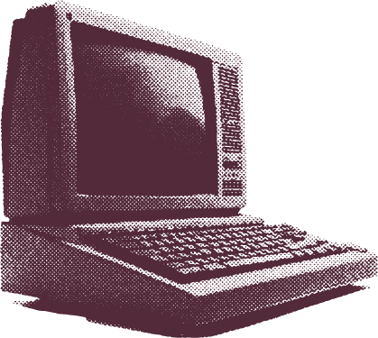 Old chunky 1980s desktop computer, in three-quarters view, stylized in a faded purple, retro, dotted-halftone pattern.