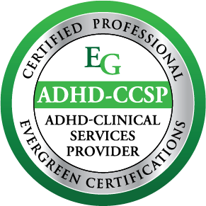 A circular certification badge with a green and white color scheme. It contains text indicating certification, including "Certified Professional," "EG ADHD-CCSP," and "ADHD-Clinical Services Provider."