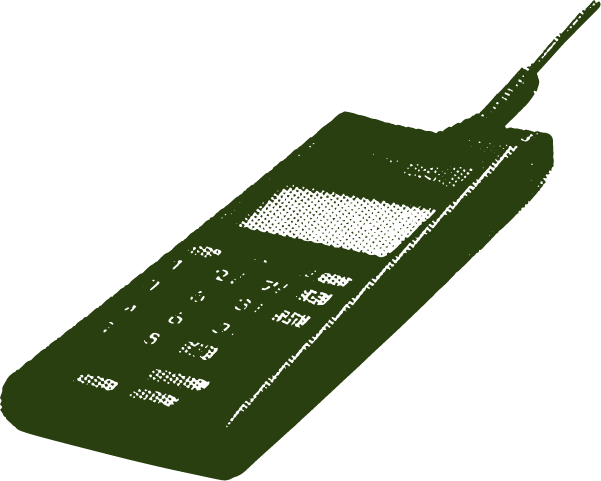 A big vintage 1980s cellphone with an antenna, stylized in a dark green, retro, dotted-halftone pattern.