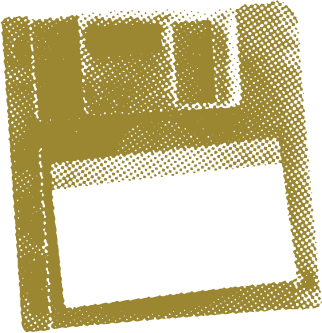 A vintage floppy disk with a black label area, stylized in a gold, retro, dotted-halftone pattern.